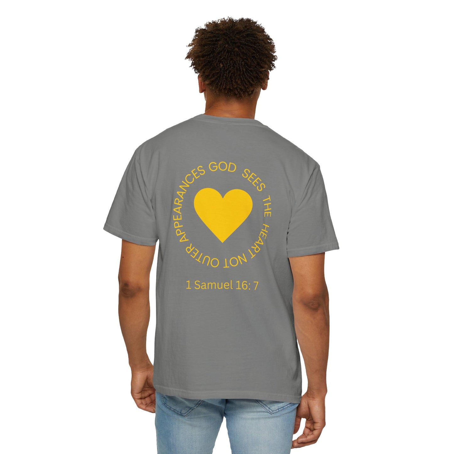 ICHTHYS 911 - "God Sees the Heart" Reverse' Gold Font - Unisex Garment - Dyed T-Shirt - 100% US Cotton - Men T-Shirt - Women T-Shirt - Inspirational Graphic T-Shirt for Everyday Motivation