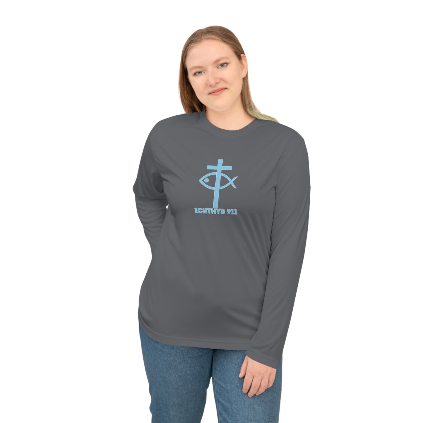 ICHTHYS 911 - Blue Font "13th Disciple" Unisex Performance Long Sleeve Shirt - 100% Moisture-Wicking Polyester - Men - Women - Christian Activewear Blue Font