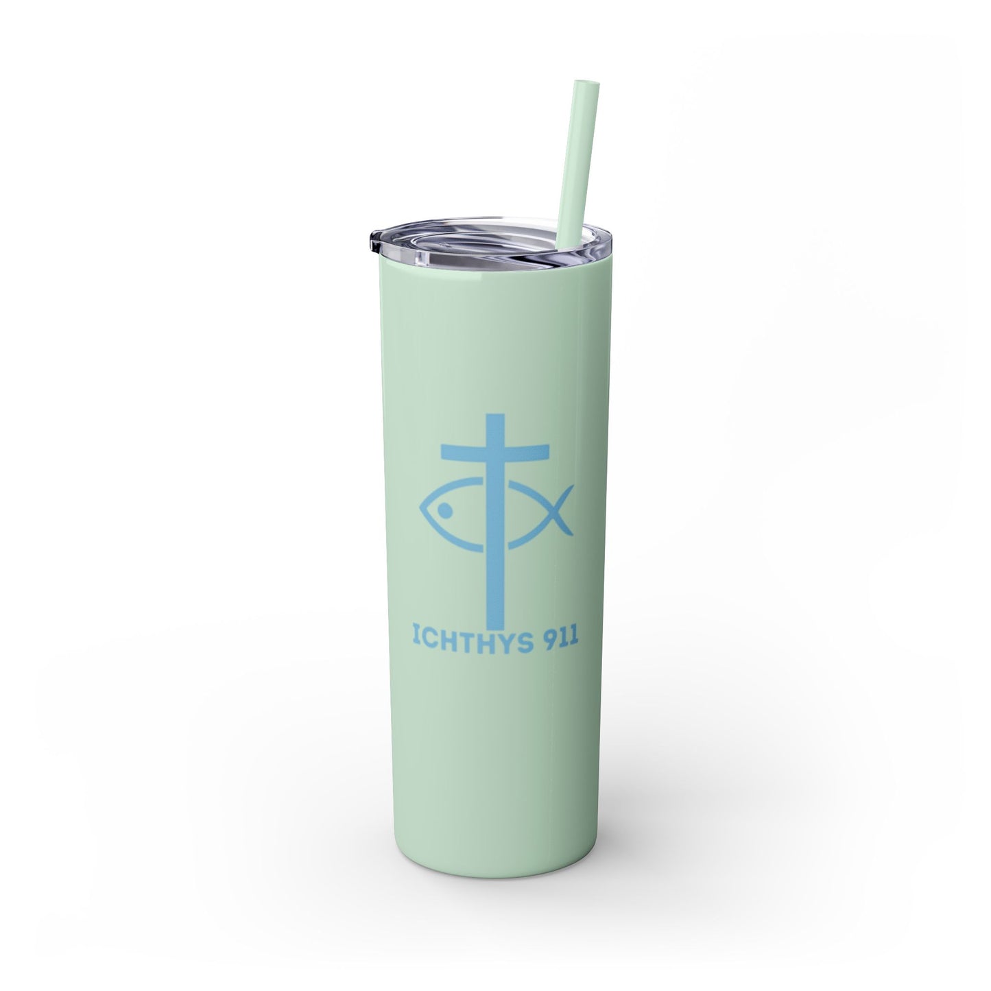 ICHTHYS 911 Pink & Blue Faith-Inspired Skinny Tumbler with Straw - 20oz Baby Shower Drip - Party Favor