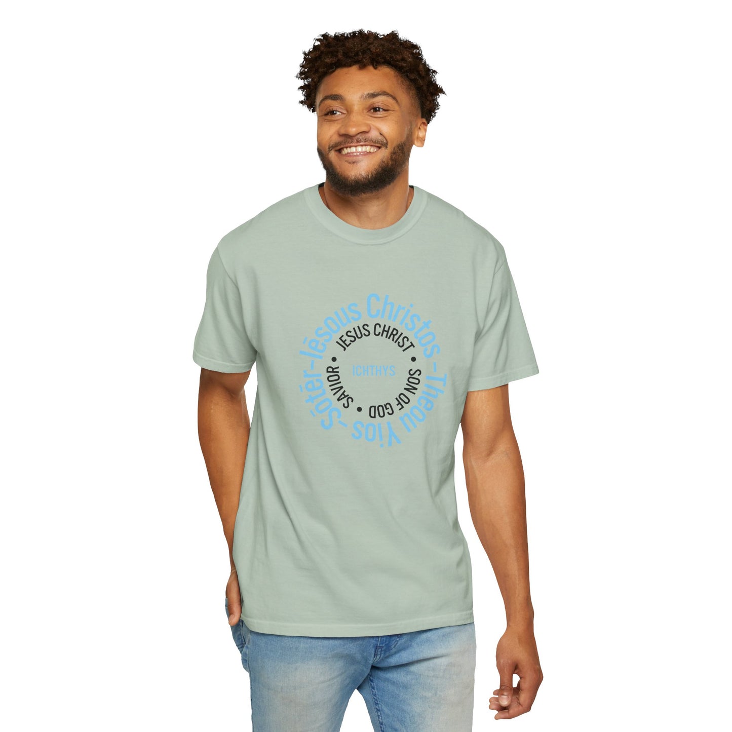 ICHTHYS 911 Blue Font "Iēsous Christos, Theou Yios, Sōtēr" - Reverse - Collection - Unisex - Christian Graphic Tee - Gym - T - Christian Faith - Jesus Wear - Women T-Shirt - Men T-Shirt