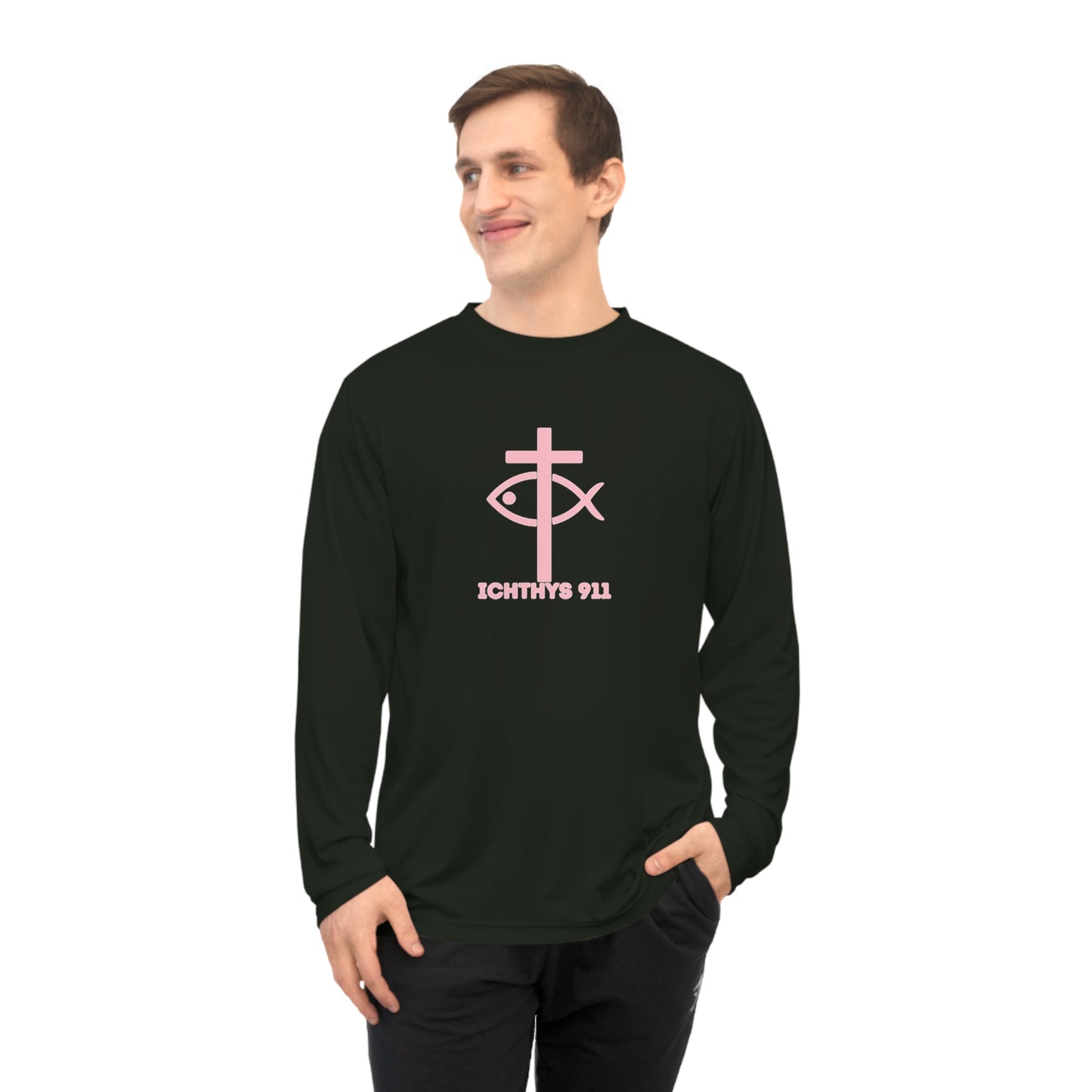 ICHTHYS 911 "Faith & Strength" - Unisex Performance Long Sleeve- Christian Activewear - Men - Women - 100% Moisture-Wicking Poly - UPF30+ Sun Protection