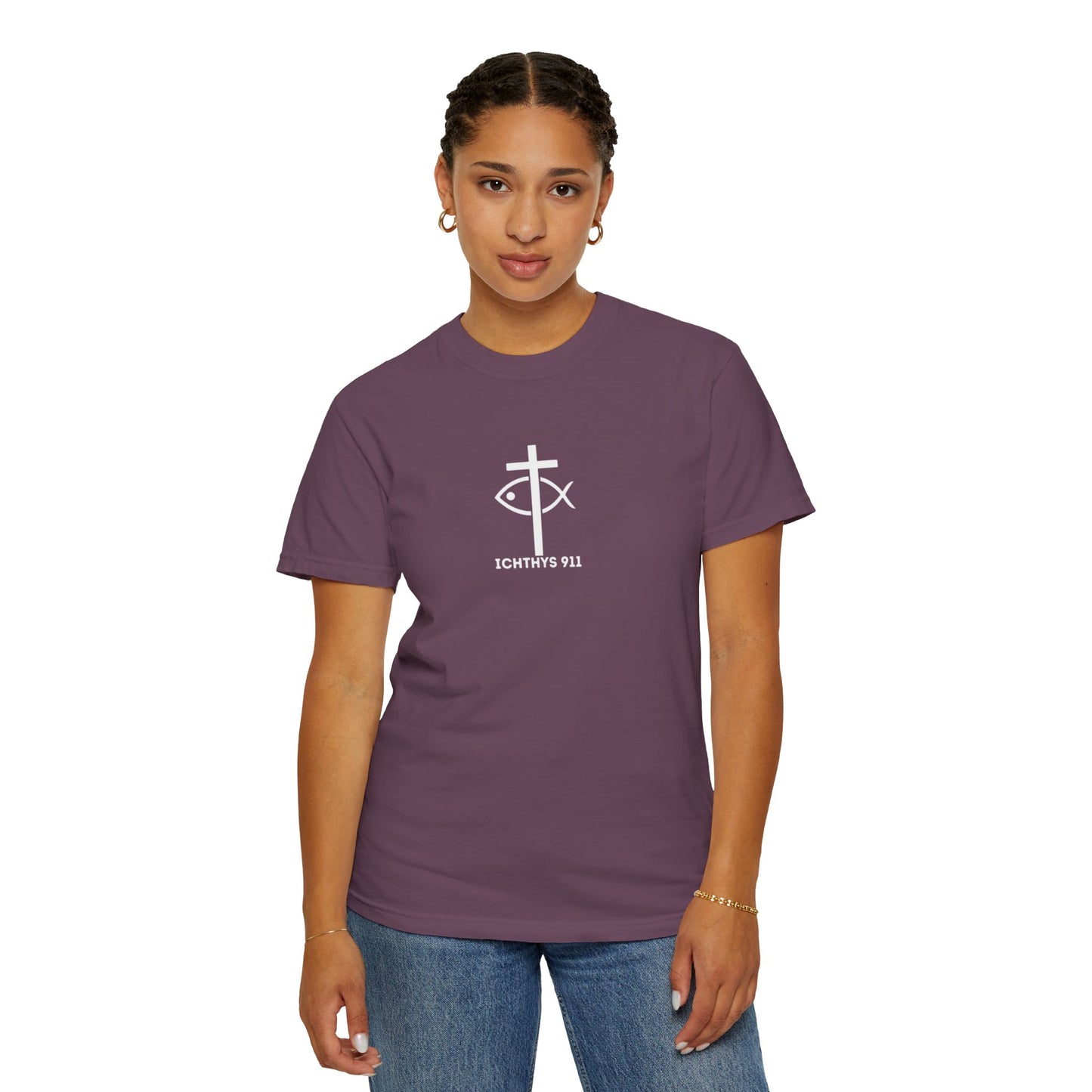 ICHTHYS 911 - White Font "Faith, Hope, & Love" - Garment Dyed - 100% US Cotton - Unisex T-Shirt - Men T-Shirt - Christian Women Tee - Faith-Inspired Shirt - Christian Fashion - Wear Your Faith - Additional Colors