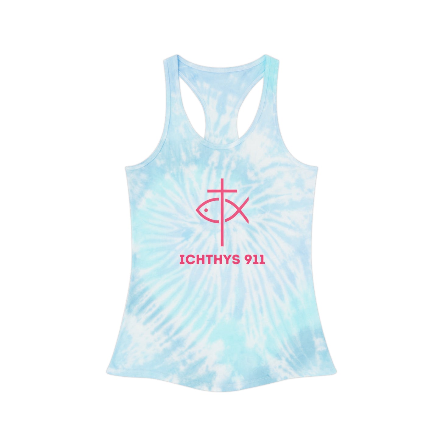 ICHTHYS 911 Tie Dye Racerback Tank Top – Chill Summer Vibes for Faithful Living - Wear Your Christian Faith