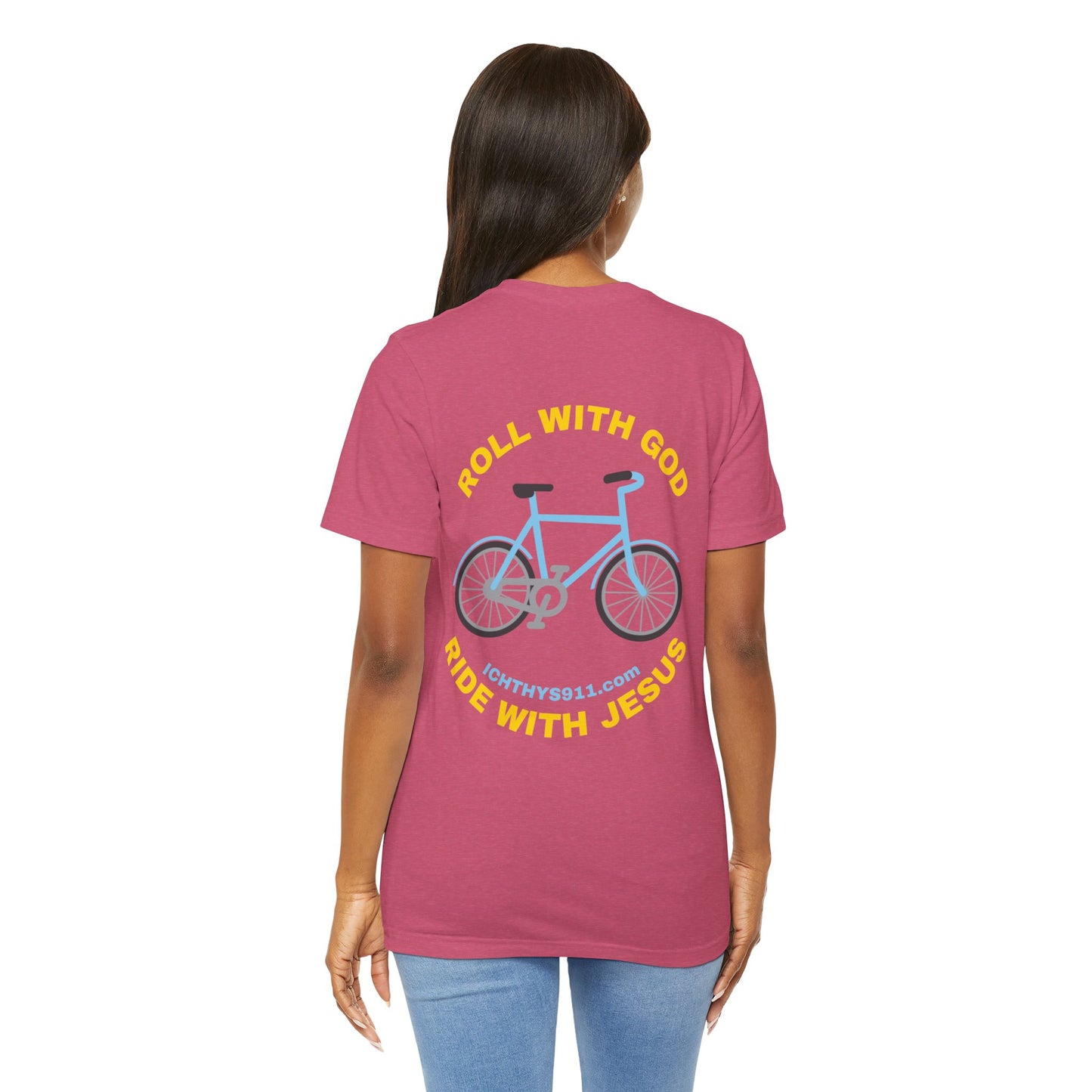 ICHTHYS 911 - "Roll With God Ride With Jesus" - Gold Font - Unisex T- Shirt - Lightweight 100% Cotton - Summer T - Arm Form Fitting - Men T- Shirt - Women T-Shirt - Christian T-Shirt