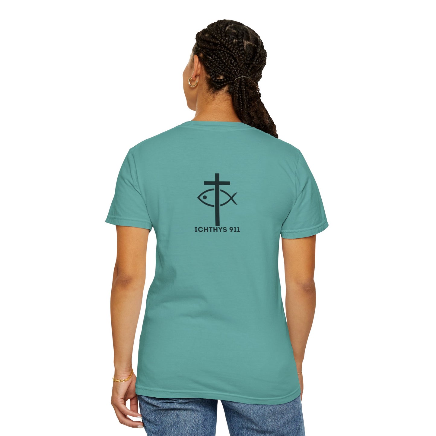 ICHTHYS 911 "Faith & Strength" Reverse - Black Font - Unisex Garment -Dyed Tee - 100% US Cotton - Men T-Shirt - Women T-Shirt - Inspirational Christian Shirt - Very Good Quality and Feel