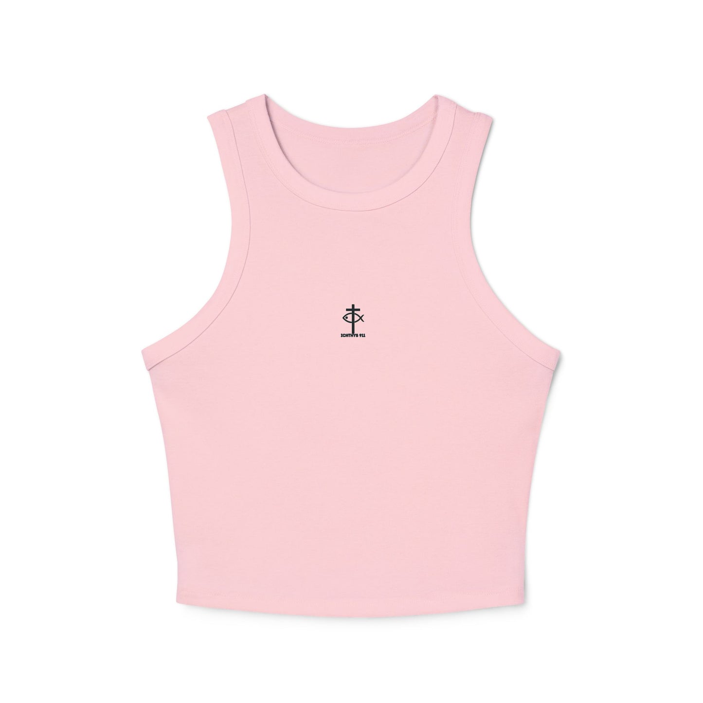 Iēsous Christos, Theou Yios, Sōtēr - Pink Font Faith-Inspired Women's Micro Rib Racer Tank Top - Cute Jesus Christ Design - Women Tank - Christian - Work Out - ICHTHYS 911 Design