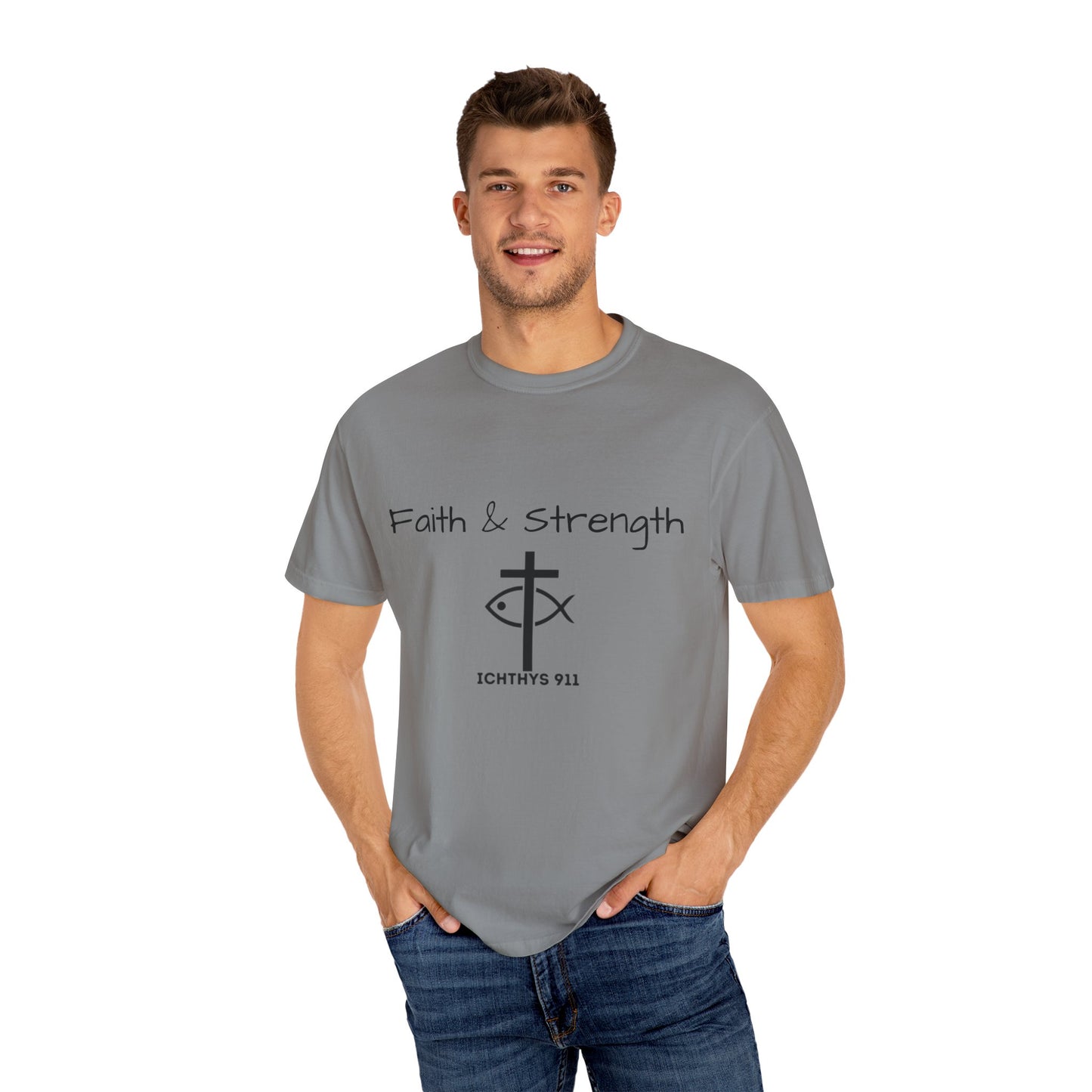 ICHTHYS 911 "Faith & Strength" Reverse - Black Font - Unisex Garment -Dyed Tee - 100% US Cotton - Men T-Shirt - Women T-Shirt - Inspirational Christian Shirt - Very Good Quality and Feel
