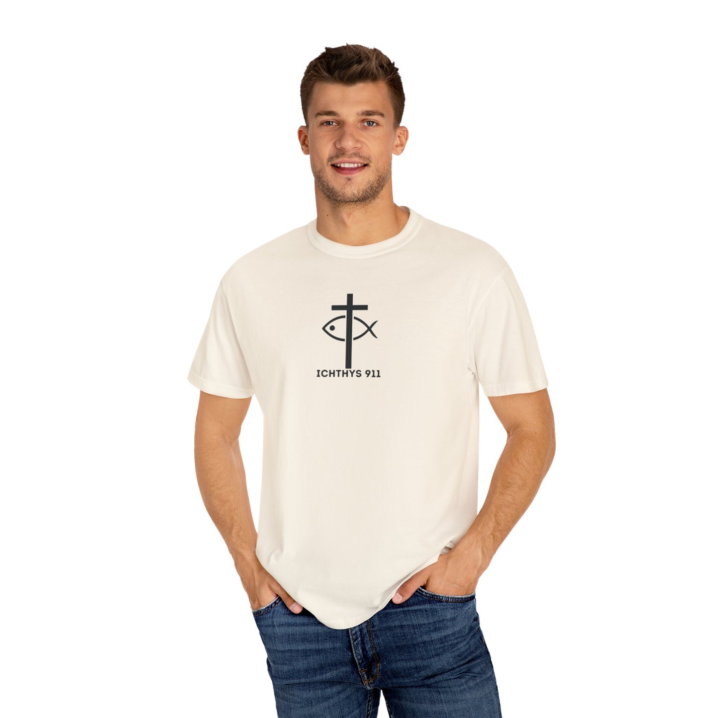 ICHTHYS 911 - White Font "Authentic" - Unisex - Men T-Shirt - Women T-Shirt - Christian Streetwear T-Shirt - Jesus Gym & Faith Fashion, Unisex Garment-Dyed T-Shirt