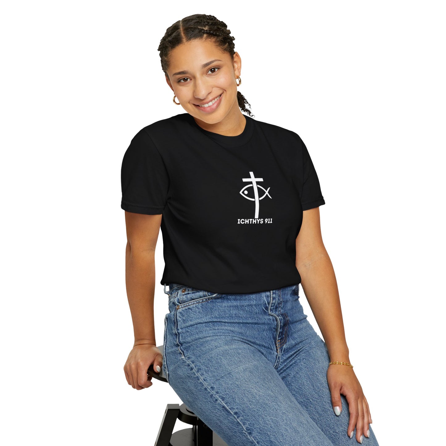 ICHTHYS 911 - White Font "Faith, Hope, & Love" - Garment Dyed - 100% US Cotton - Unisex T-Shirt - Men T-Shirt - Christian Women Tee - Faith-Inspired Shirt - Christian Fashion - Wear Your Faith - Additional Colors