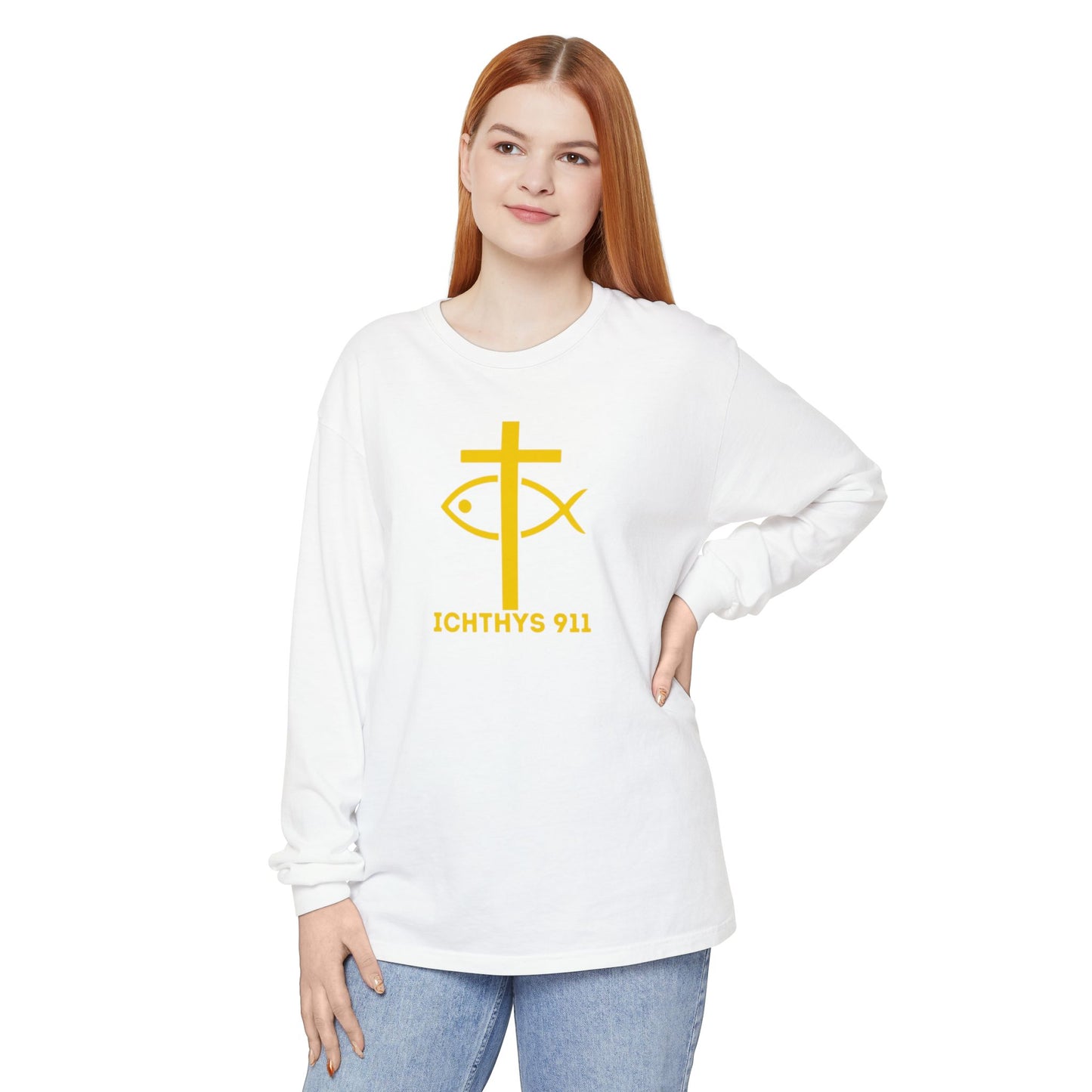 Authentic ICHTHYS 911 Collection -  Gold Font - Unisex Garment Dyed Long Sleeve T-Shirt - Men Long Sleeve - Women Long Sleeve - Christian Faith Symbol Tee - Faith Inspired