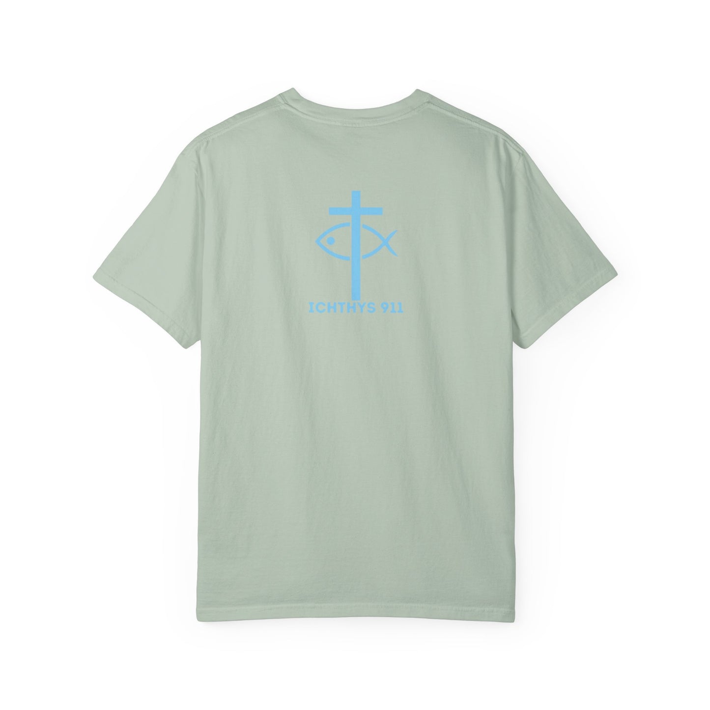 ICHTHYS 911 Blue Font "Iēsous Christos, Theou Yios, Sōtēr" - Reverse - Collection - Unisex - Christian Graphic Tee - Gym - T - Christian Faith - Jesus Wear - Women T-Shirt - Men T-Shirt