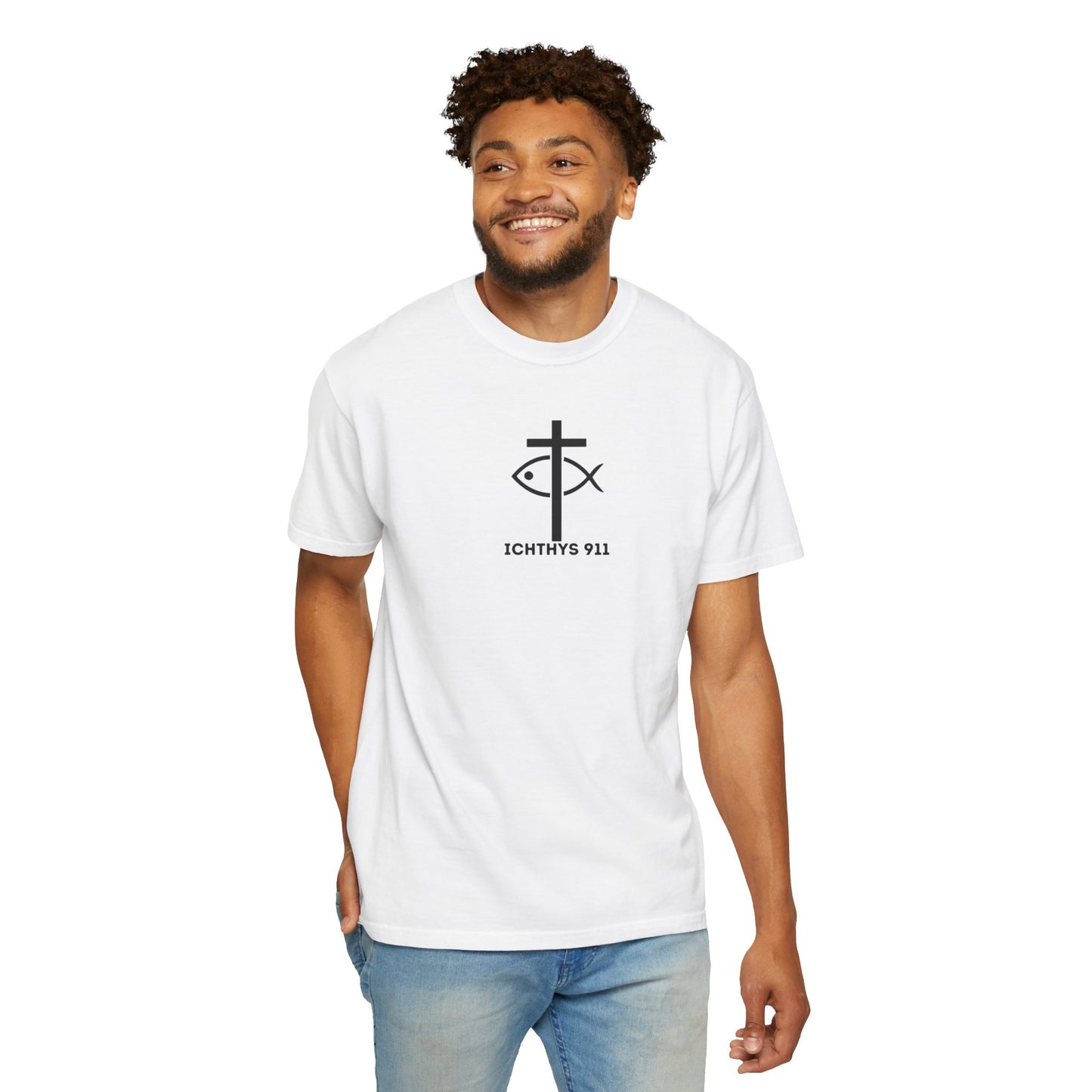ICHTHYS 911 - White Font "Authentic" - Unisex - Men T-Shirt - Women T-Shirt - Christian Streetwear T-Shirt - Jesus Gym & Faith Fashion, Unisex Garment-Dyed T-Shirt