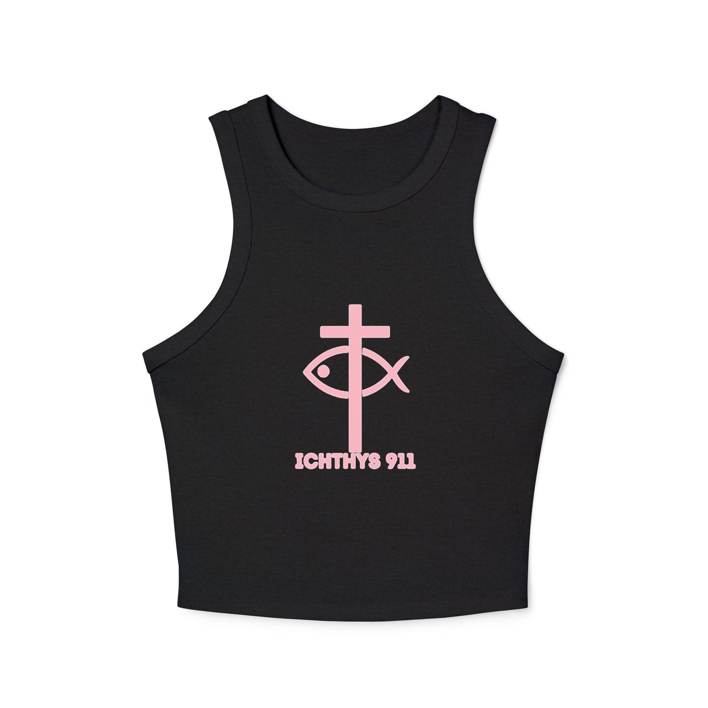 Iēsous Christos, Theou Yios, Sōtēr - Pink Font Faith-Inspired Women's Micro Rib Racer Tank Top - Cute Jesus Christ Design - Women Tank - Christian - Work Out - ICHTHYS 911 Design