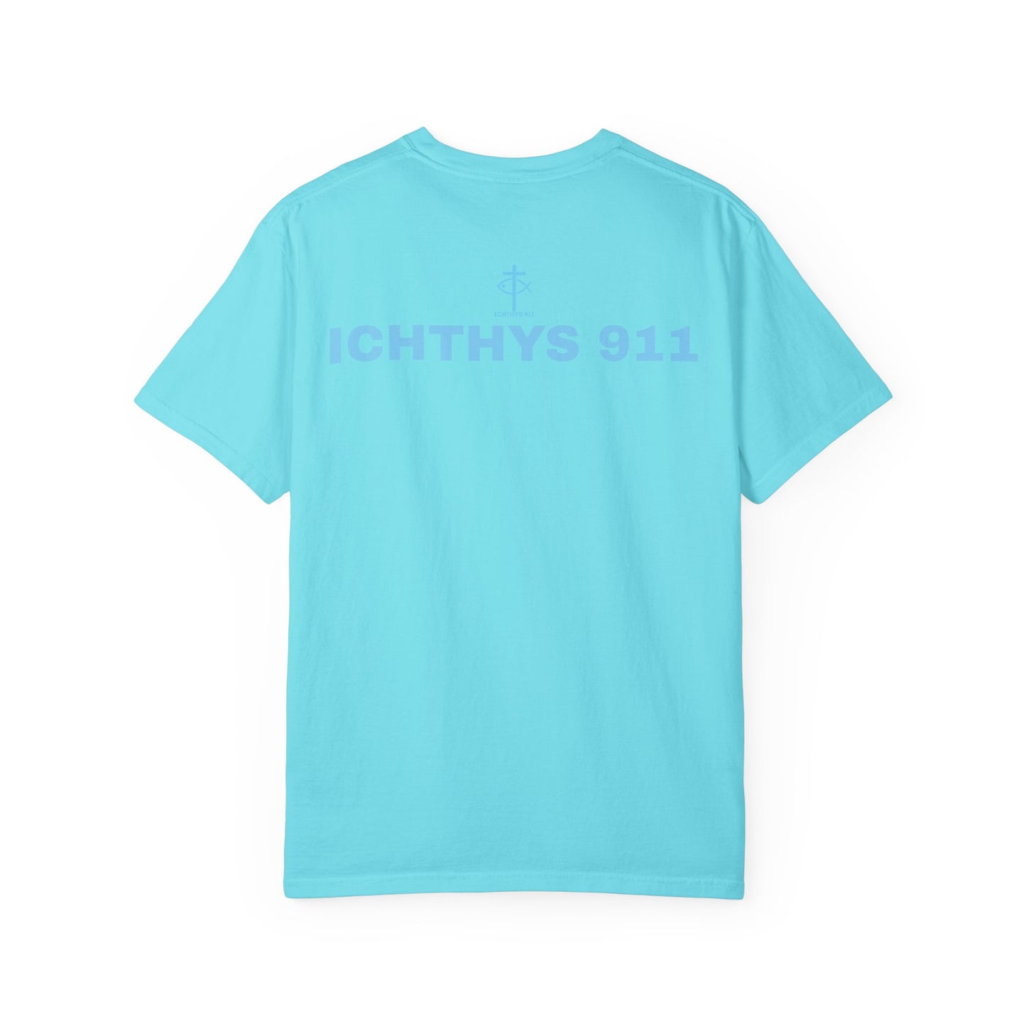 Authentic - Christian Streetwear T-Shirt – Jesus Gym & Faith Fashion, Unisex Garment-Dyed T-Shirt Blue Font - ICHTHYS 911