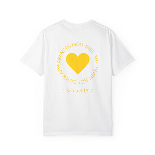 ICHTHYS 911 - "God Sees the Heart" Reverse' Gold Font - Unisex Garment - Dyed T-Shirt - 100% US Cotton - Men T-Shirt - Women T-Shirt - Inspirational Graphic T-Shirt for Everyday Motivation