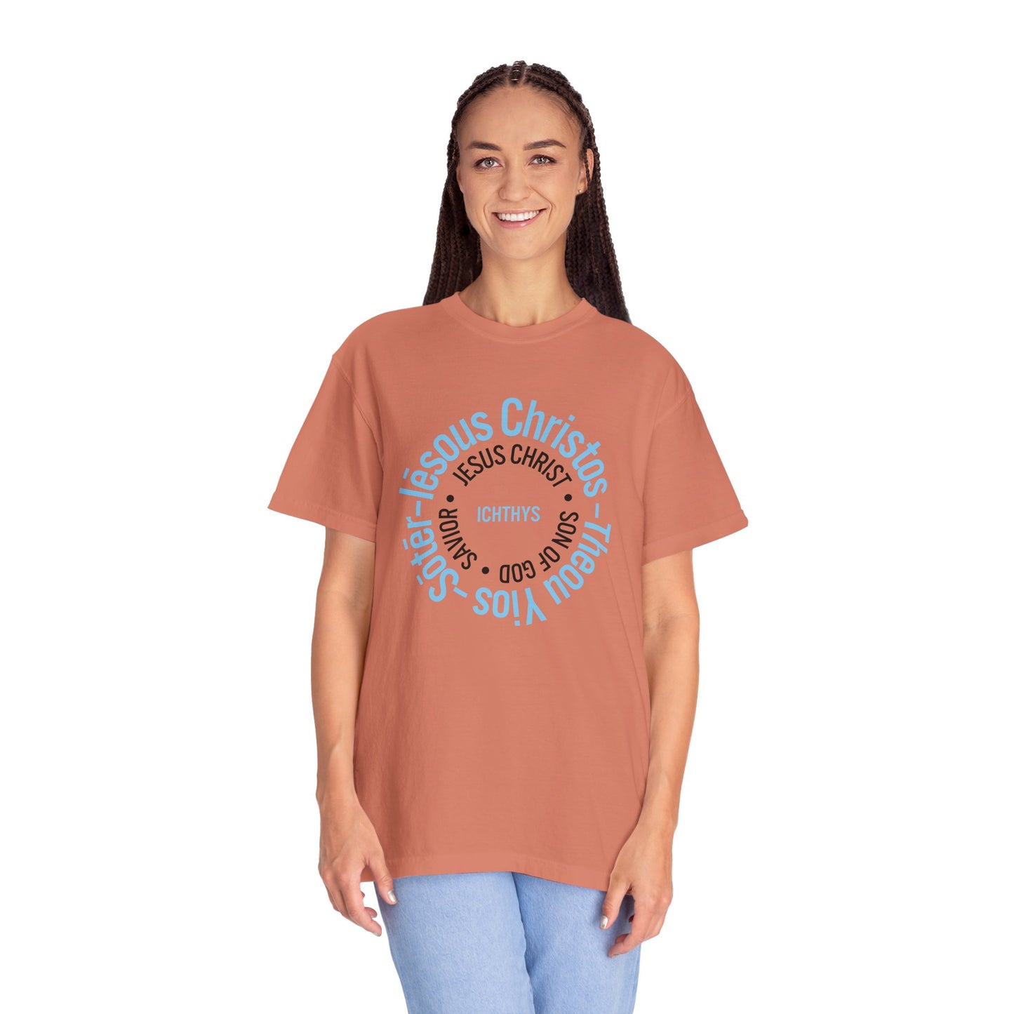 ICHTHYS 911 Blue & Black Font "Iēsous Christos, Theou Yios, Sōtēr" - Collection - Reverse Design - Unisex Garment Dyed - 100% US Cotton - Christian Graphic Tee - Gym - T - Christian Faith - Jesus Wear - Women T-Shirt - Men T-Shirt