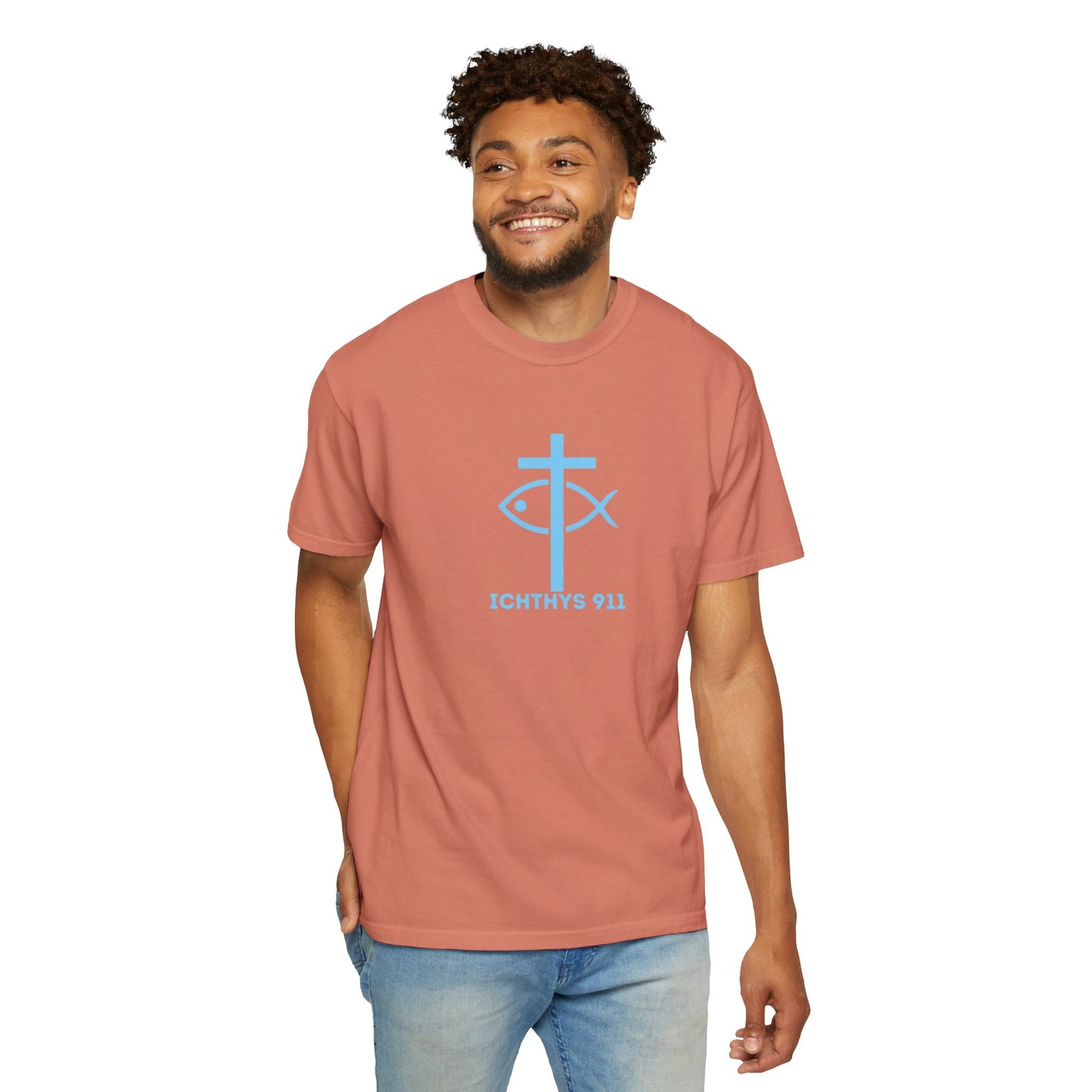 Jesus Christ Son of God Savior - Blue Font - Unisex Garment Dyed T- Shirt - Men T-Shirt - Women T-Shirt - Christian Streetwear T-Shirt – Jesus Gym & Faith Fashion - ICHTHYS 911