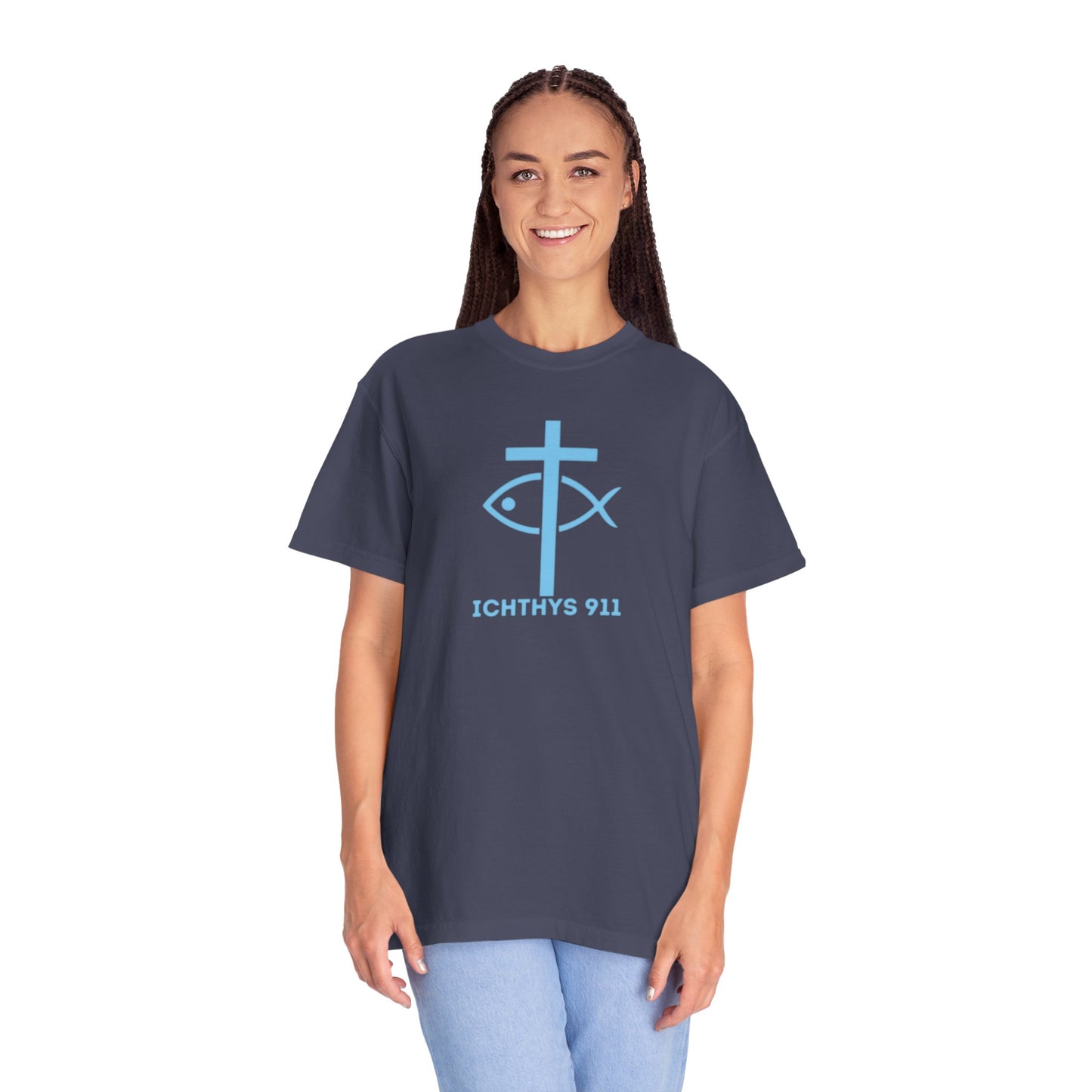 Iēsous Christos, Theou Yios, Sōtēr - Blue Font - Garment-Dyed Unisex T-Shirt - Men T-Shirt - Women T-Shirt - Christian Symbol - Greek - Faith Inspired -Christian Streetwear – Jesus Gym & Faith Fashion, Unisex Garment -ICHTHYS 911 - Additional Colors