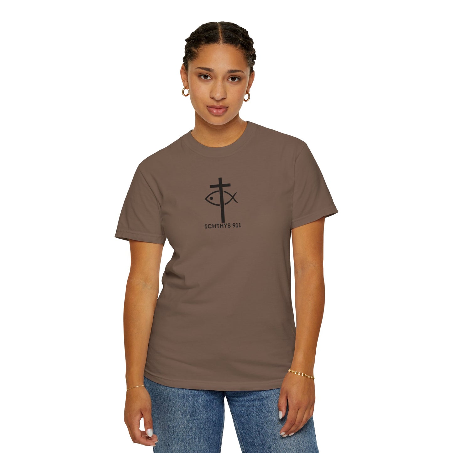 ICHTHYS 911 Black Font - "Run With Endurance Hebrews 12:1" - Unisex Garment Dyed T-Shirt -100% US Cotton - Men T-Shirt - Women T-Shirt - Bible Verse - Christian Faith - Christian Workout
