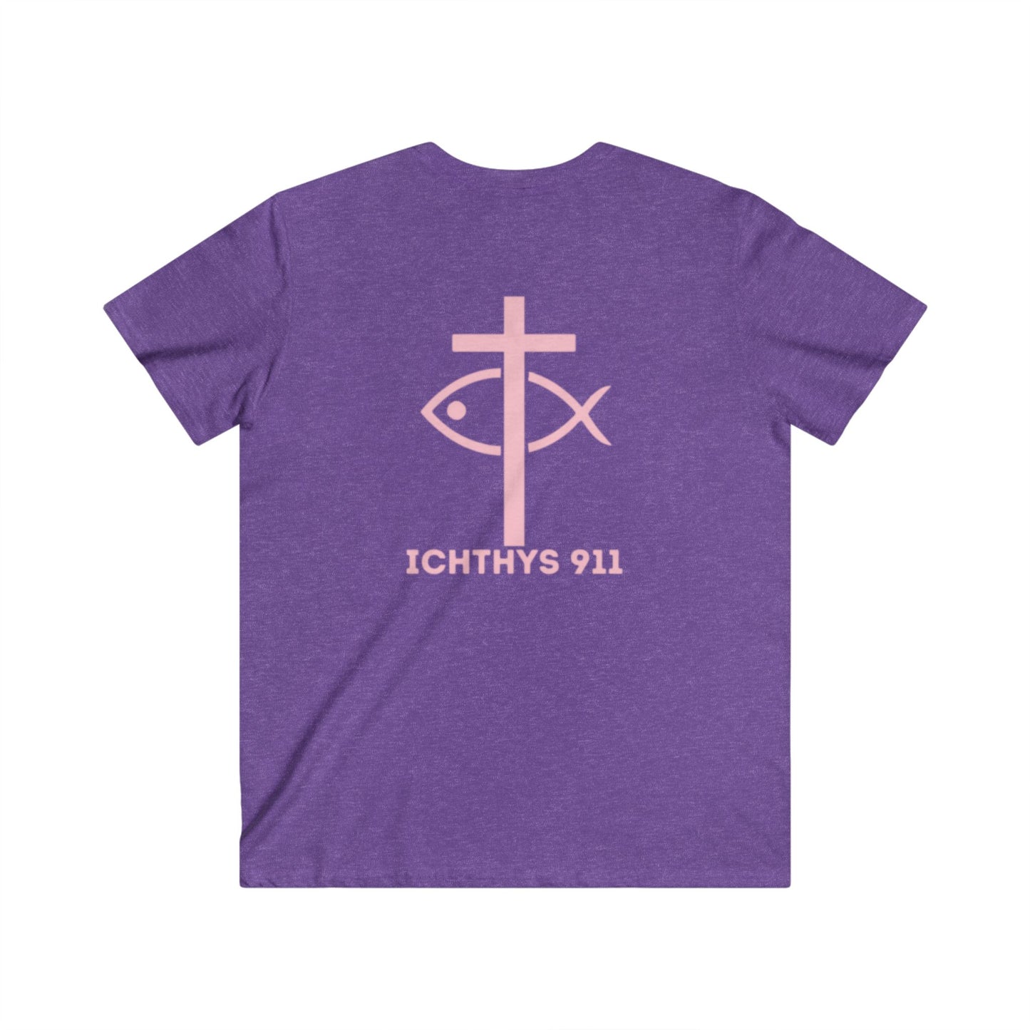 Authentic Round Collection - Men's Fitted V-Neck Short Sleeve T - Shirt - Faith-Inspired - Christian Faith - Pink Font - ICHTHYS 911