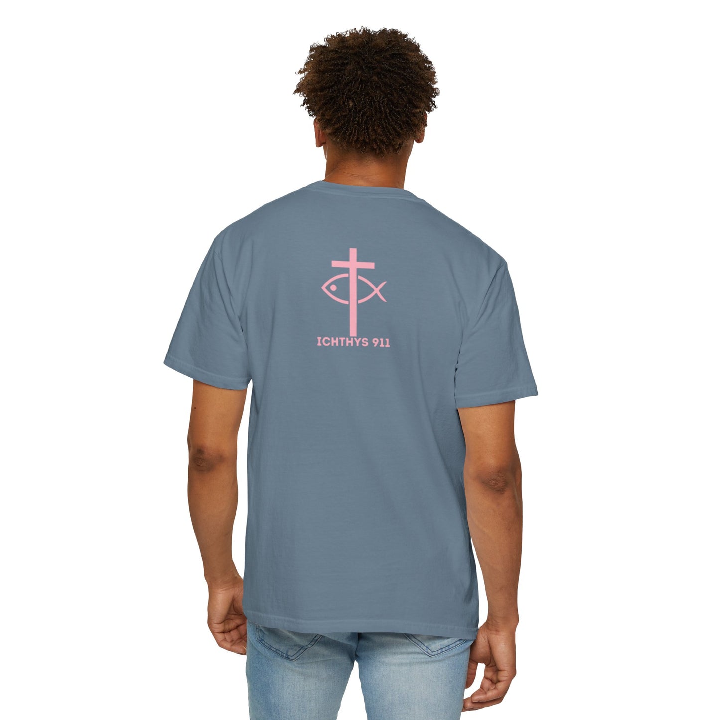 "Faith, Hope, & Love Reverse" - Pink Font - Unisex Garment Dyed T-Shirt - 100% US Cotton - Men T-Shirt - Christian Women Tee - Faith-Inspired Shirt - Christian Fashion - Wear Your Faith -ICHTHYS 911