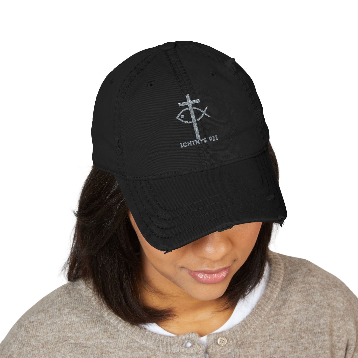 ICHTHYS 911 Embroidered Design - Distressed Hat with Casual Fashion - Accessory for Everyday Wear - ICHTHYS 911 Collection - This hat is very soft - Short stance - Everyone is loving this hat