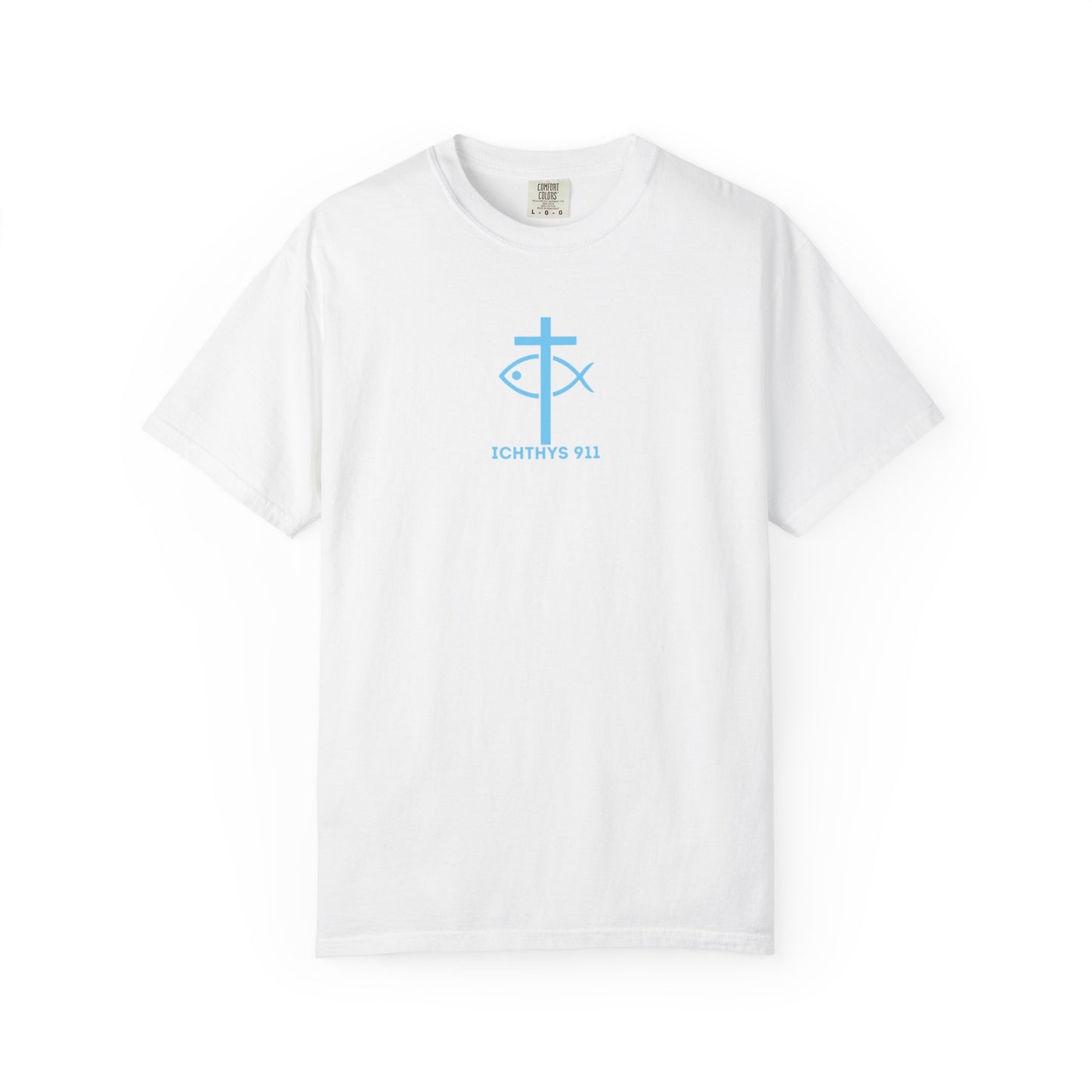 ICHTHYS 911 - "Jesus Christ Son of God Savior" Blue Font - Additional Colors - Christian Streetwear T-Shirt – Jesus Gym & Faith Fashion, Unisex Garment-Dyed T-Shirt Blue Font