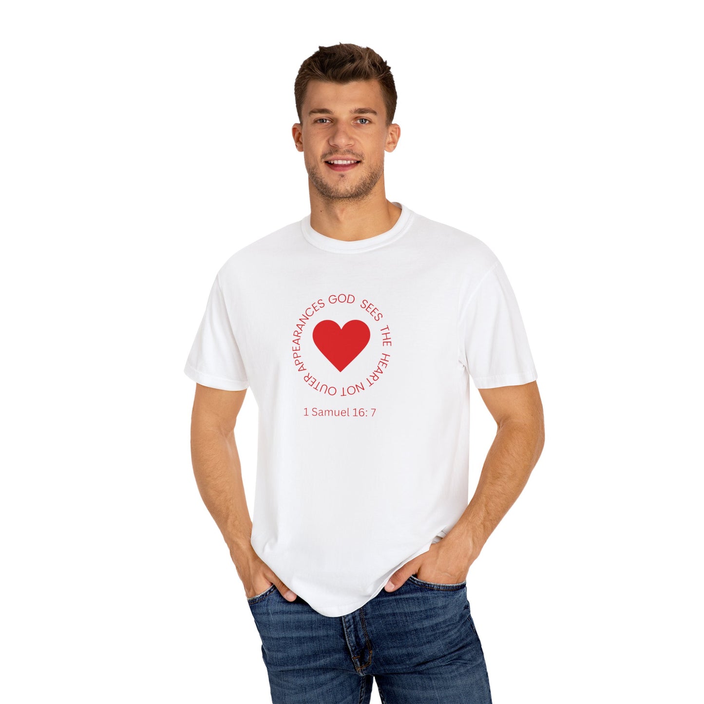 ICHTHYS 911 - "God Sees the Heart" Reverse Design - White Font - Unisex Garment - Dyed T-Shirt - 100% US Cotton - Men T-Shirt - Women T-Shirt - Inspirational Graphic T-Shirt for Everyday Motivation