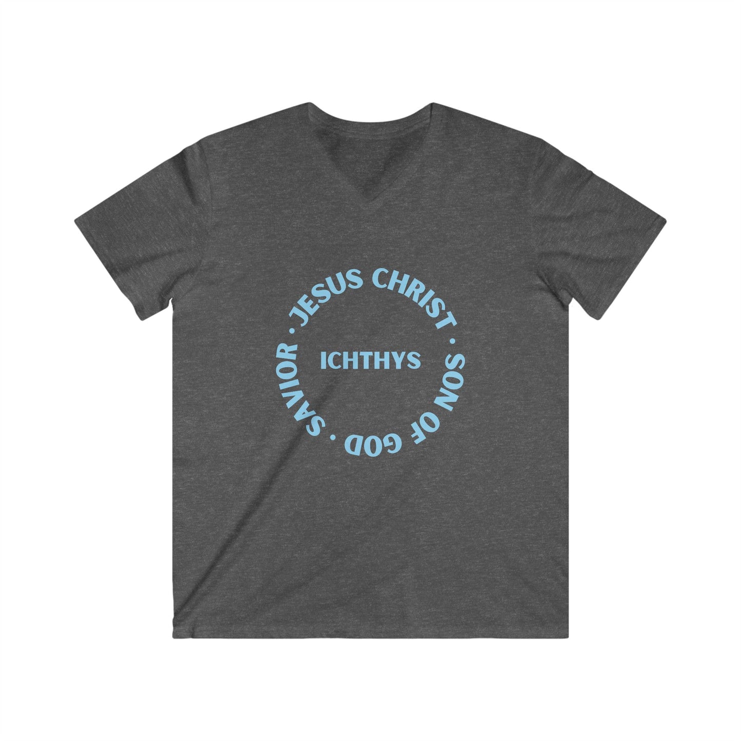 ICHTHYS 911 - Jesus Christ - Son of God - Reverse - Savior Collection - Men's Fitted V-Neck Short Sleeve T - Shirt - Faith-Inspired - Christian Faith - Blue Font