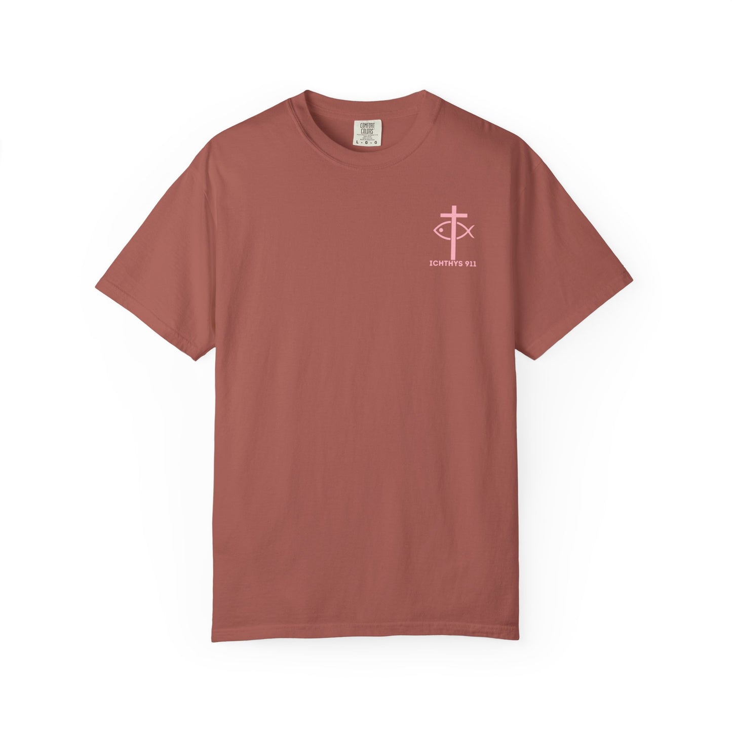 ICHTHYS 911 Pink Font "Badge Collection" - Unisex Garment Dyed T-Shirt 100% US Cotton - Christian Graphic Tee - Gym - T - Christian Faith - Jesus Wear - Women T-Shirt - Men T-Shirt - Garment Dyed