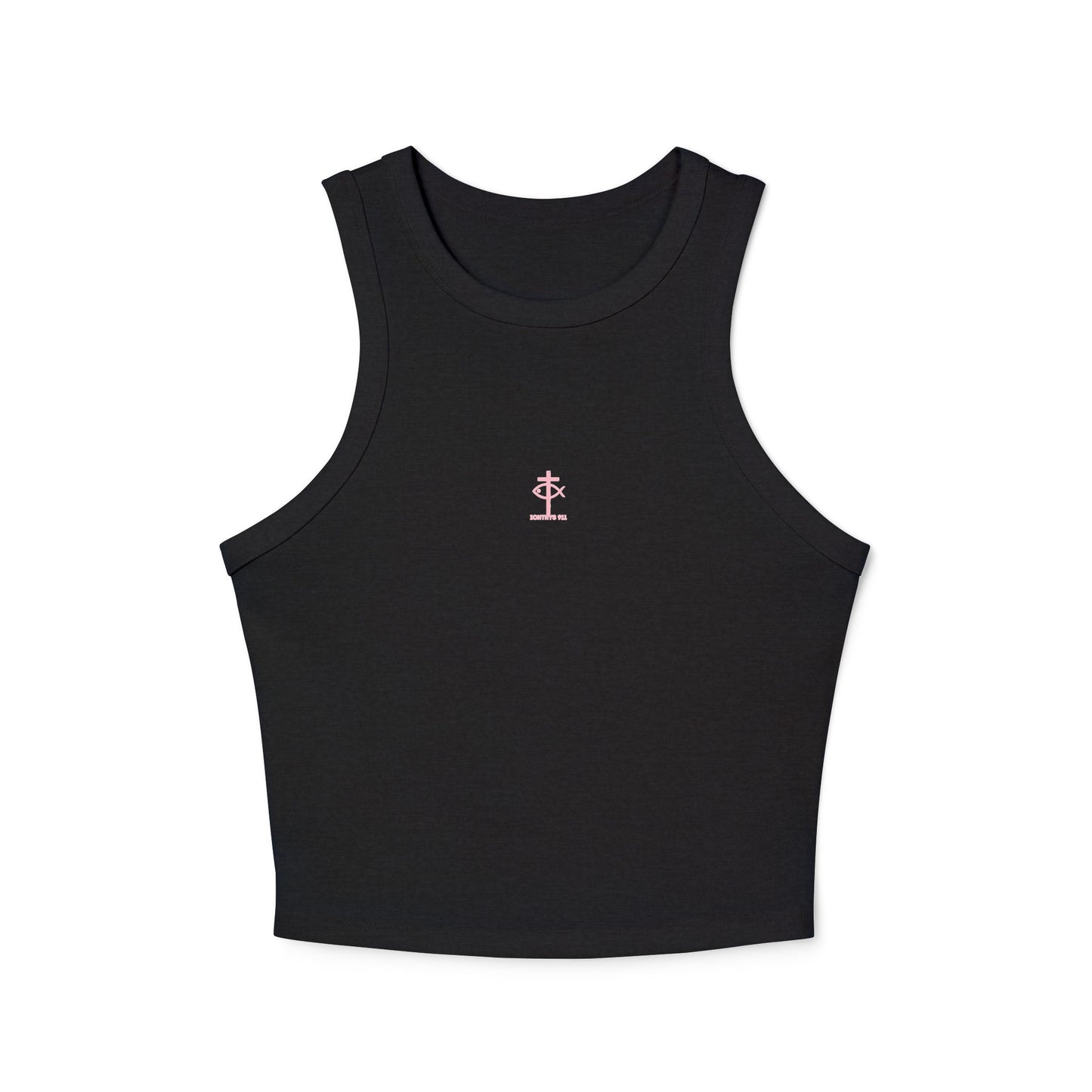 ICHTHYS 911 - Pink & Black Font "Iēsous Christos, Theou Yios, Sōtēr" - Faith-Inspired Women's Micro Rib Racer Tank Top - Cute Jesus Christ Design - Women Tank - Christian - Work Out