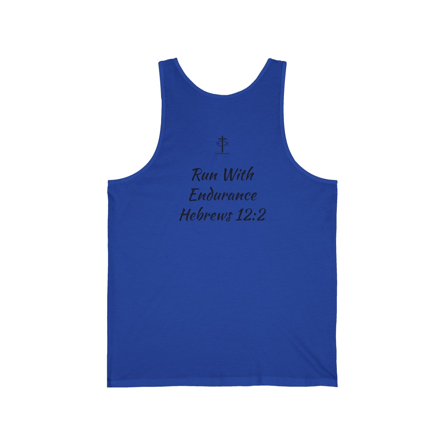 Run With Endurance T-Shirt – Hebrews 12:1 Inspirational Christian Tee - ICHTHYS 911 Unisex Jersey Tank Top - Casual Christian Symbol Graphic Tank Top
