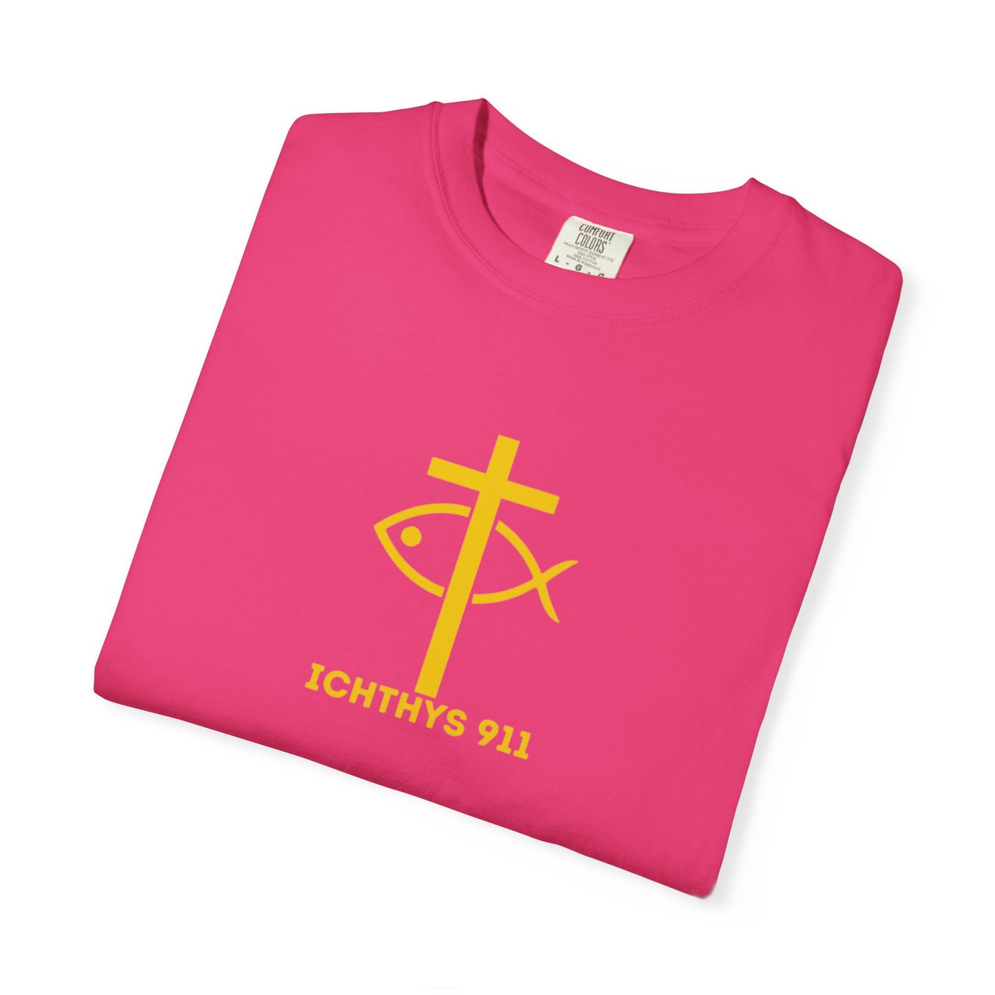 ICHTHYS 911 - "God Sees the Heart" Reverse' Gold Font - Unisex Garment - Dyed T-Shirt - 100% US Cotton - Men T-Shirt - Women T-Shirt - Inspirational Graphic T-Shirt for Everyday Motivation