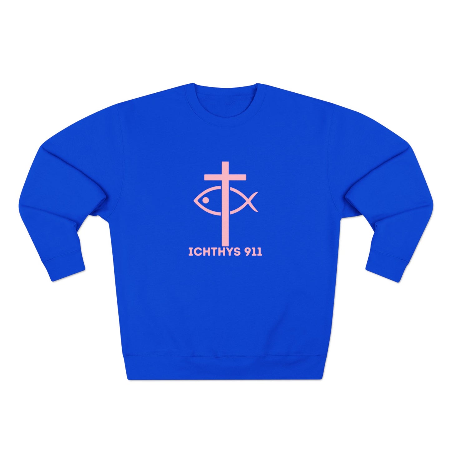 ICHTHYS 911 Minimal Pink Cross Crewneck Sweatshirt — Unisex -
