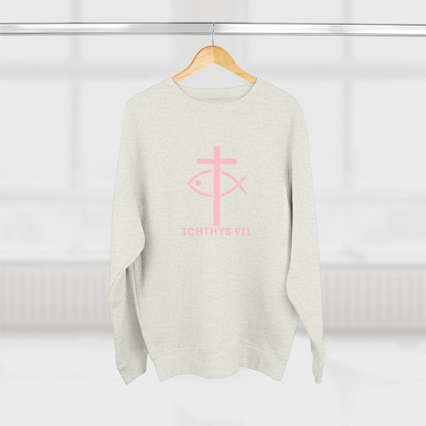ICHTHYS 911 Minimal Pink Cross Crewneck Sweatshirt — Unisex -