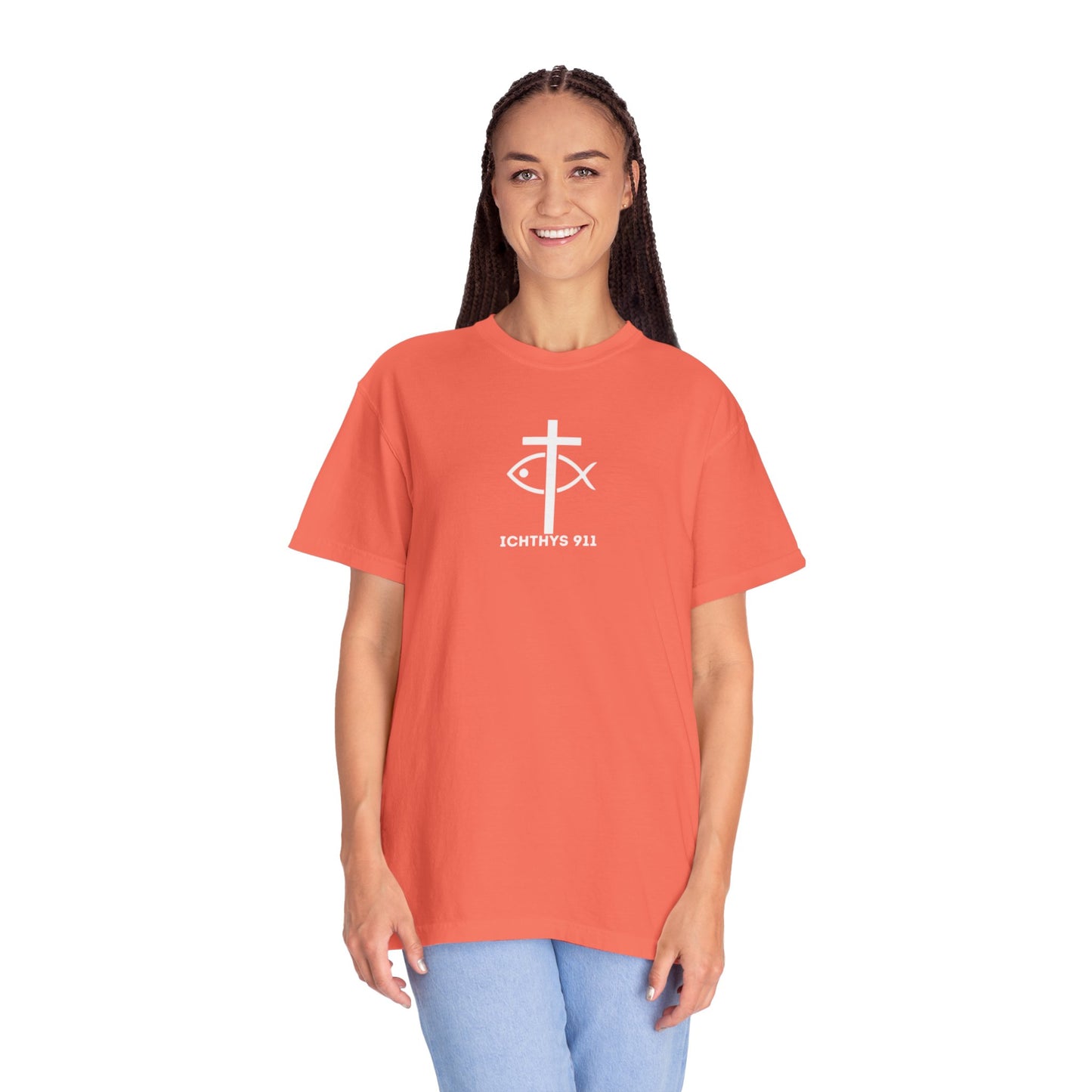 ICHTHYS 911 - White Font "Authentic" - Unisex - Men T-Shirt - Women T-Shirt - Christian Streetwear T-Shirt - Jesus Gym & Faith Fashion, Unisex Garment-Dyed T-Shirt