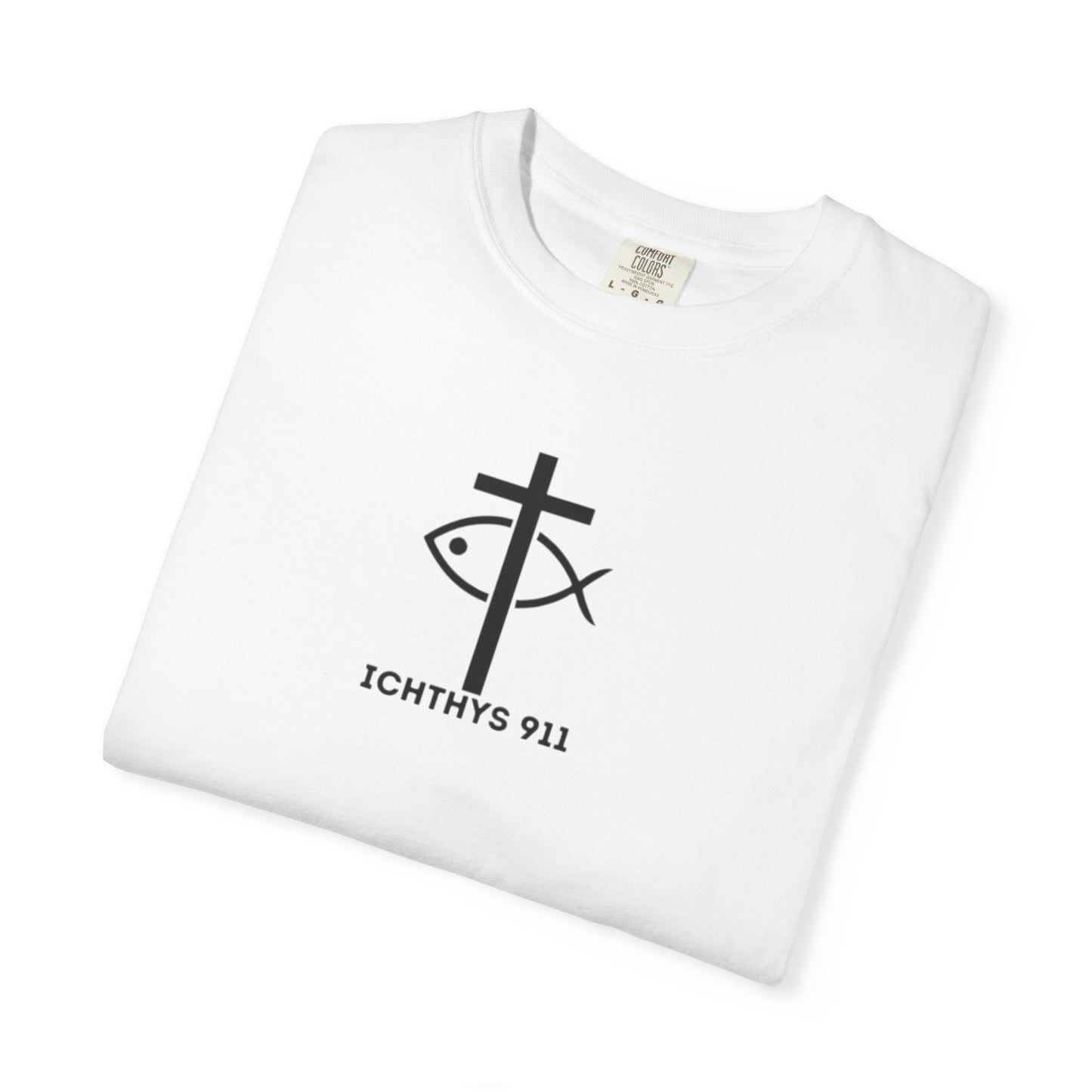 ICHTHYS 911 - "ICHTHYS Round" Blue Font  - Christian Streetwear T-Shirt  – Unisex Garment-Dyed T-Shirt - Men T-Shirt - Women T-Shirt - Jesus Gym & Faith Fashion,