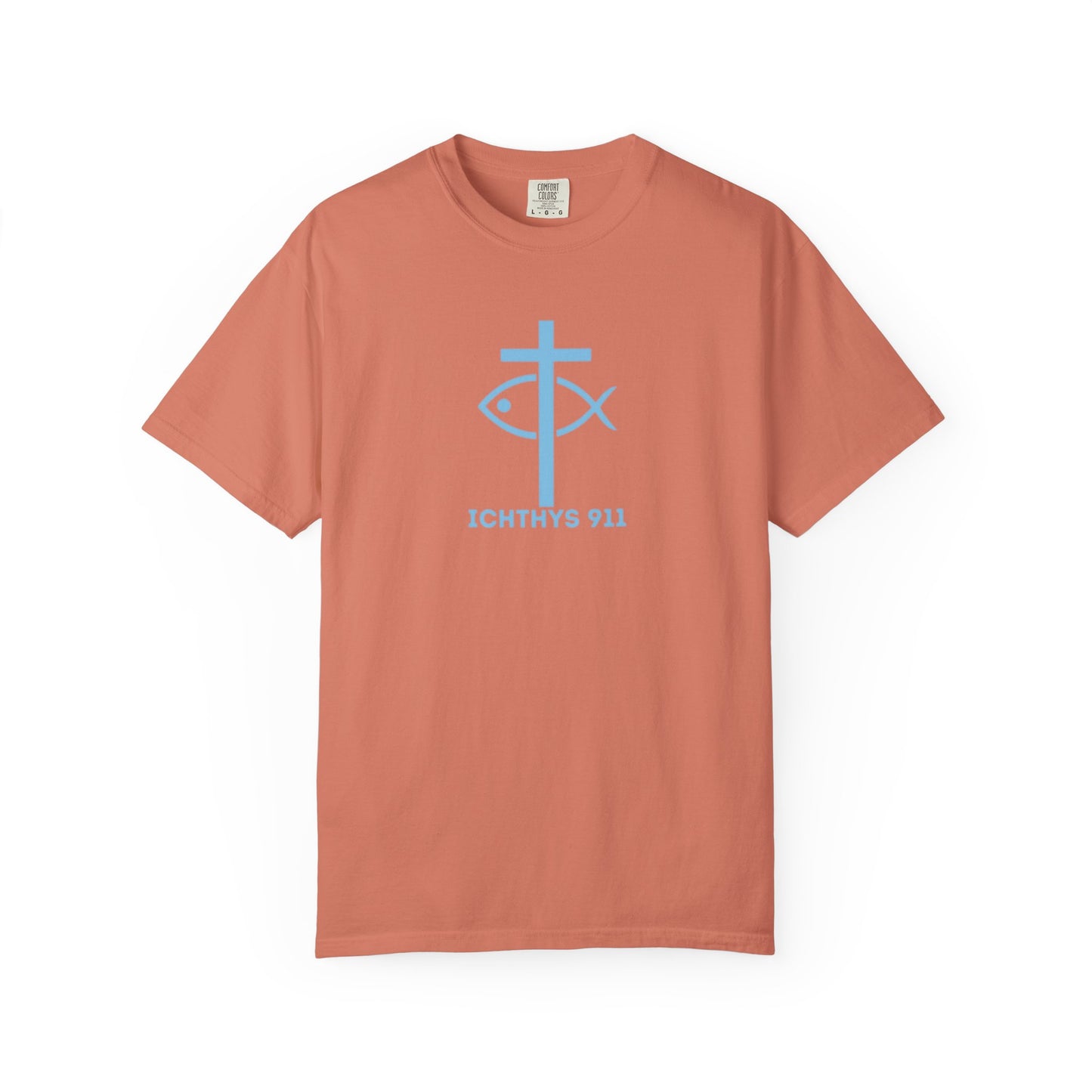 Iēsous Christos, Theou Yios, Sōtēr - Blue Font - Garment-Dyed Unisex T-Shirt - 100# US Cotton -Men T-Shirt - Women T-Shirt - Faith Inspired - Unisex Garment - ICHTHYS 911 - Blue Font - Heavy Duty Shirt