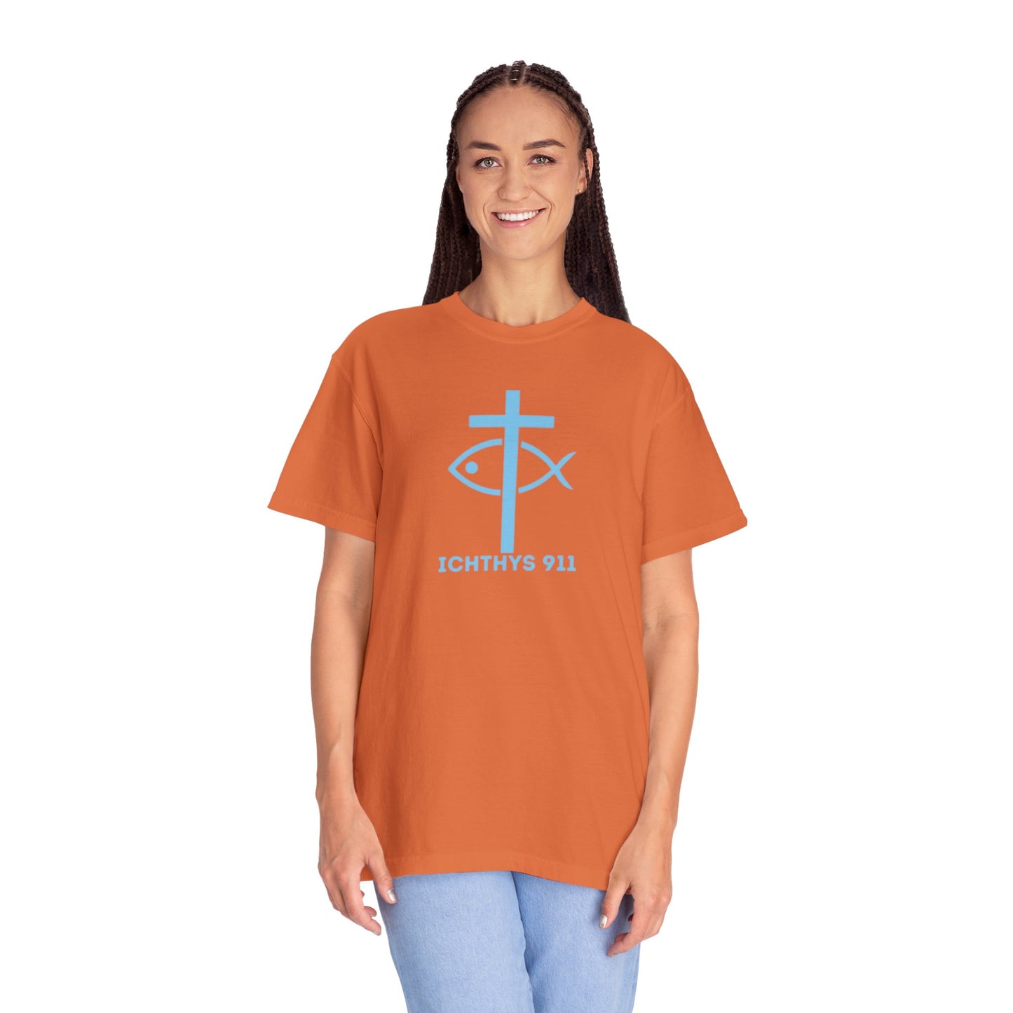 Iēsous Christos, Theou Yios, Sōtēr - Blue Font - Garment-Dyed Unisex T-Shirt - Men T-Shirt - Women T-Shirt - Christian Symbol - Greek - Faith Inspired -Christian Streetwear – Jesus Gym & Faith Fashion, Unisex Garment -ICHTHYS 911 - Additional Colors