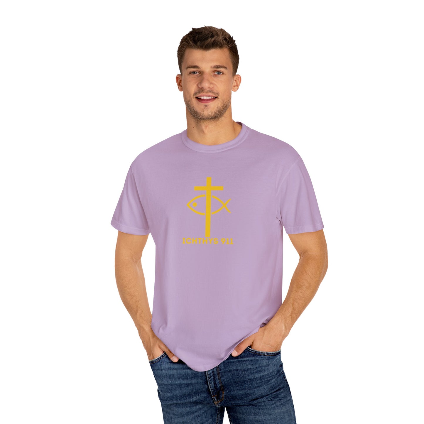 ICHTHYS 911 Gold Font "Faith, Hope, & Love" - Unisex Garment Dyed T-Shirt - 100# US Cotton - Men T-Shirt - Women T-Shirt - Christian T- Shirt -Faith-Inspired Shirt - Christian Fashion - Wear Your Faith