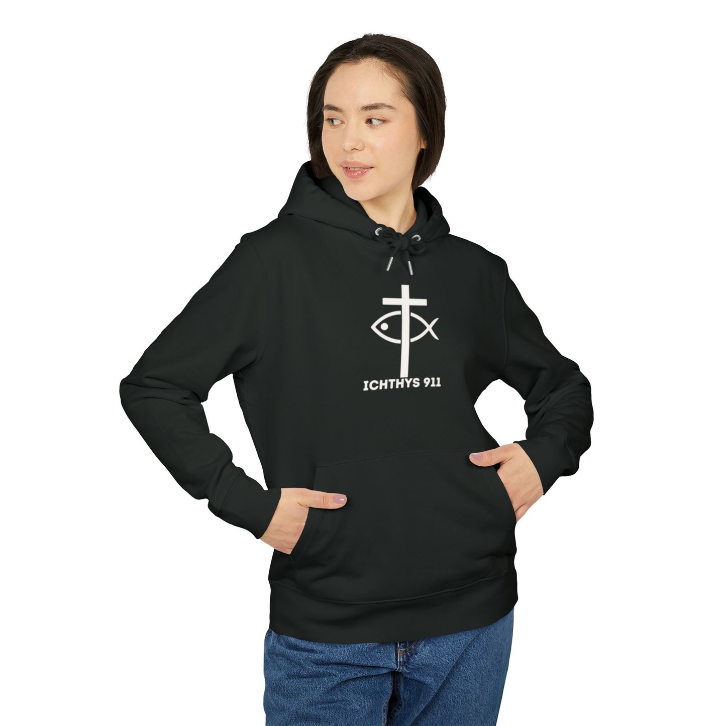 ICHTHYS 911 Hoodie – Unisex Pullover -White Font - Black Font on White - Heavy Fabric - ICHTHYS 911 Logo on Front & Back - 100% Organic