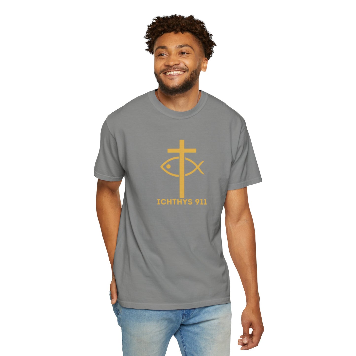 Iēsous Christos, Theou Yios, Sōtēr = Jesus Christ, Son of God, Savior - Gold Font - Unisex Garment Dyed T- Shirt - Men T-Shirt - Women T-Shirt - Christian Streetwear T-Shirt – Jesus Gym & Faith Fashion,ICHTHYS 911 -