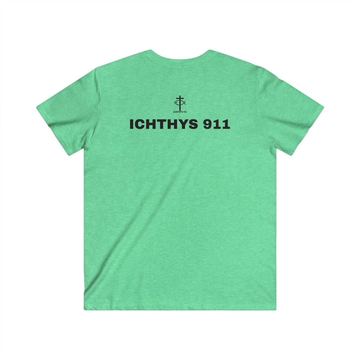 Authentic Collection -Black Font - Men's Fitted V-Neck Short Sleeve T - Shirt - Faith-Inspired featuring Christian Faith - ICHTHYS 911 - Christian Fashion - Faith Fashion