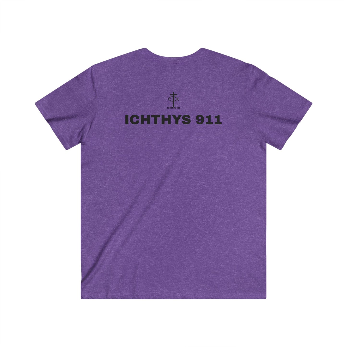 Authentic Collection -Black Font - Men's Fitted V-Neck Short Sleeve T - Shirt - Faith-Inspired featuring Christian Faith - ICHTHYS 911 - Christian Fashion - Faith Fashion