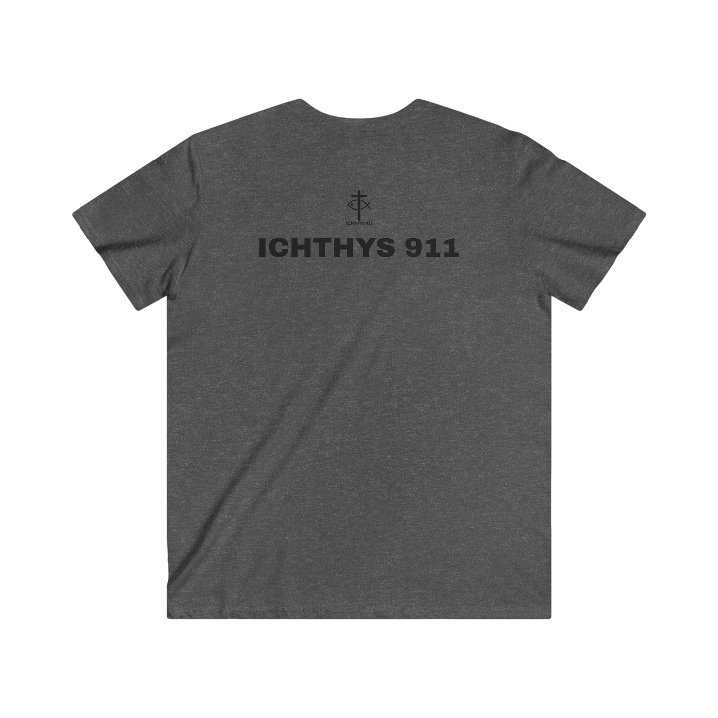 Authentic Collection -Black Font - Men's Fitted V-Neck Short Sleeve T - Shirt - Faith-Inspired featuring Christian Faith - ICHTHYS 911 - Christian Fashion - Faith Fashion