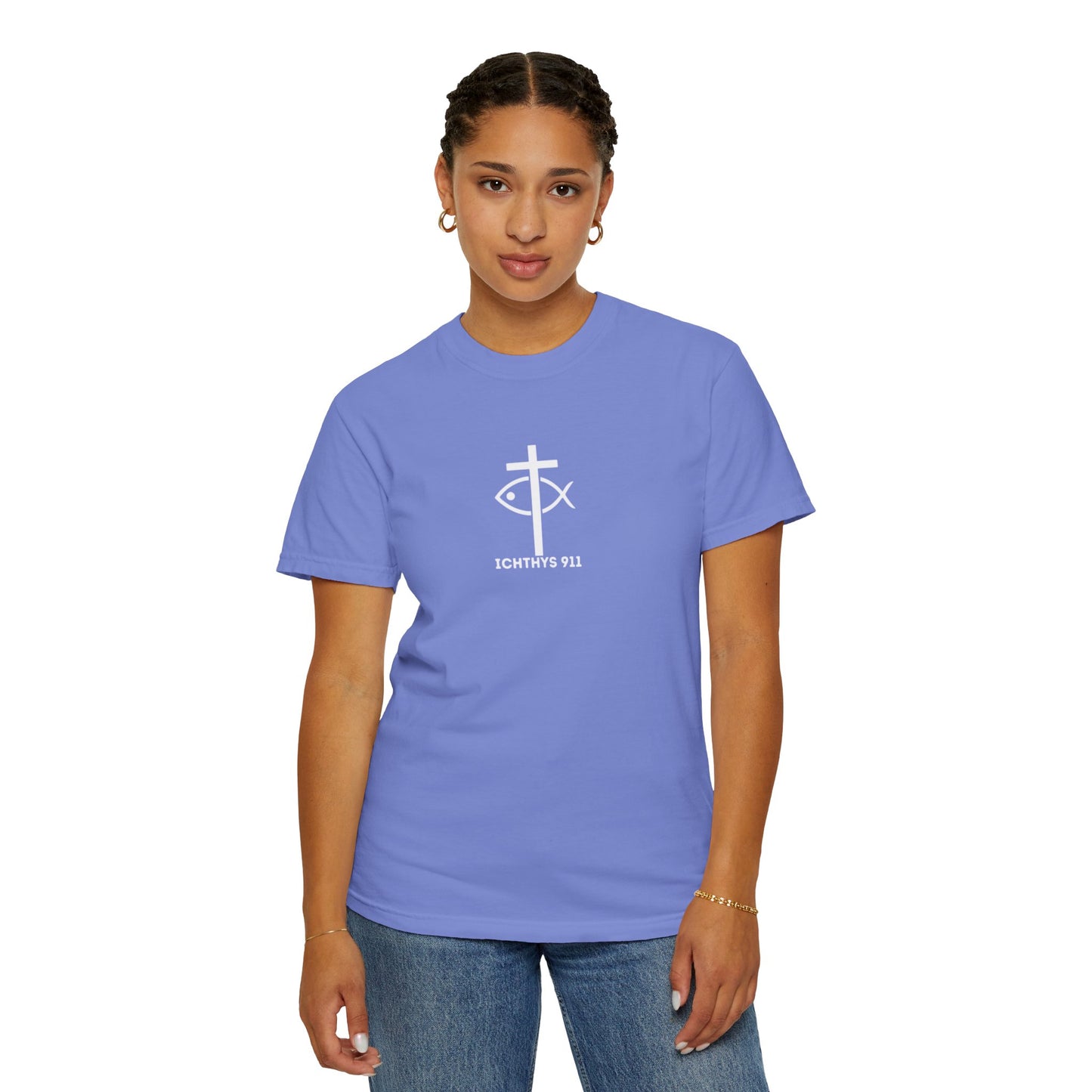 ICHTHYS 911 - White Font "Faith, Hope, & Love" - Garment Dyed - 100% US Cotton - Unisex T-Shirt - Men T-Shirt - Christian Women Tee - Faith-Inspired Shirt - Christian Fashion - Wear Your Faith - Additional Colors