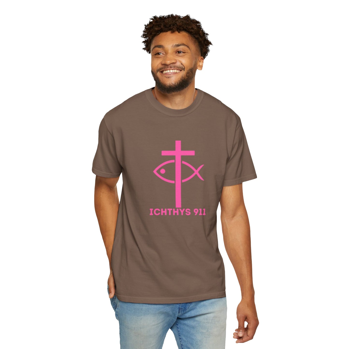 ICHTHYS 911 - Authentic - W/O IC 911 on Back Christian Streetwear T-Shirt – Jesus Gym & Faith Fashion, Unisex Garment-Dyed T-Shirt Hot Pink Font