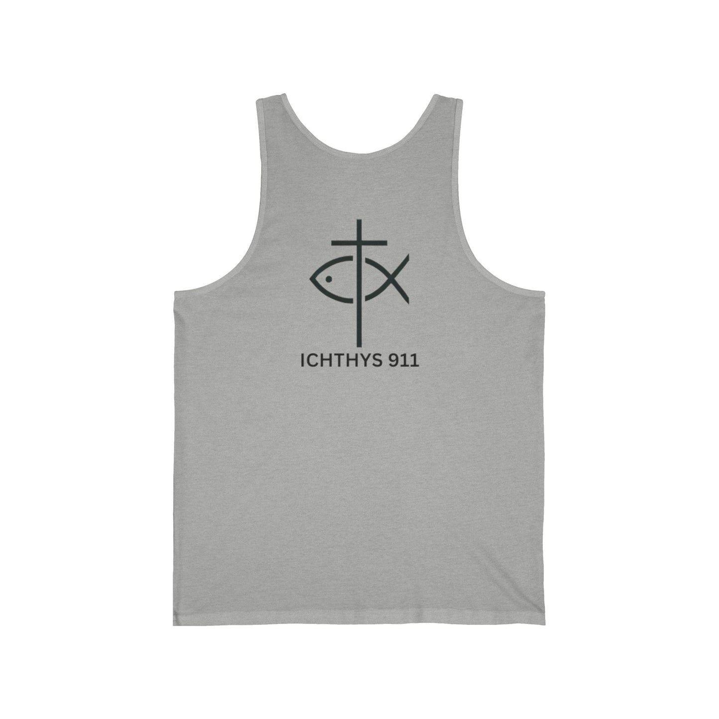ICHTHYS 911 - Jersey Tank Badge Logo - Casual Christian Symbol Graphic Tee - Unisex