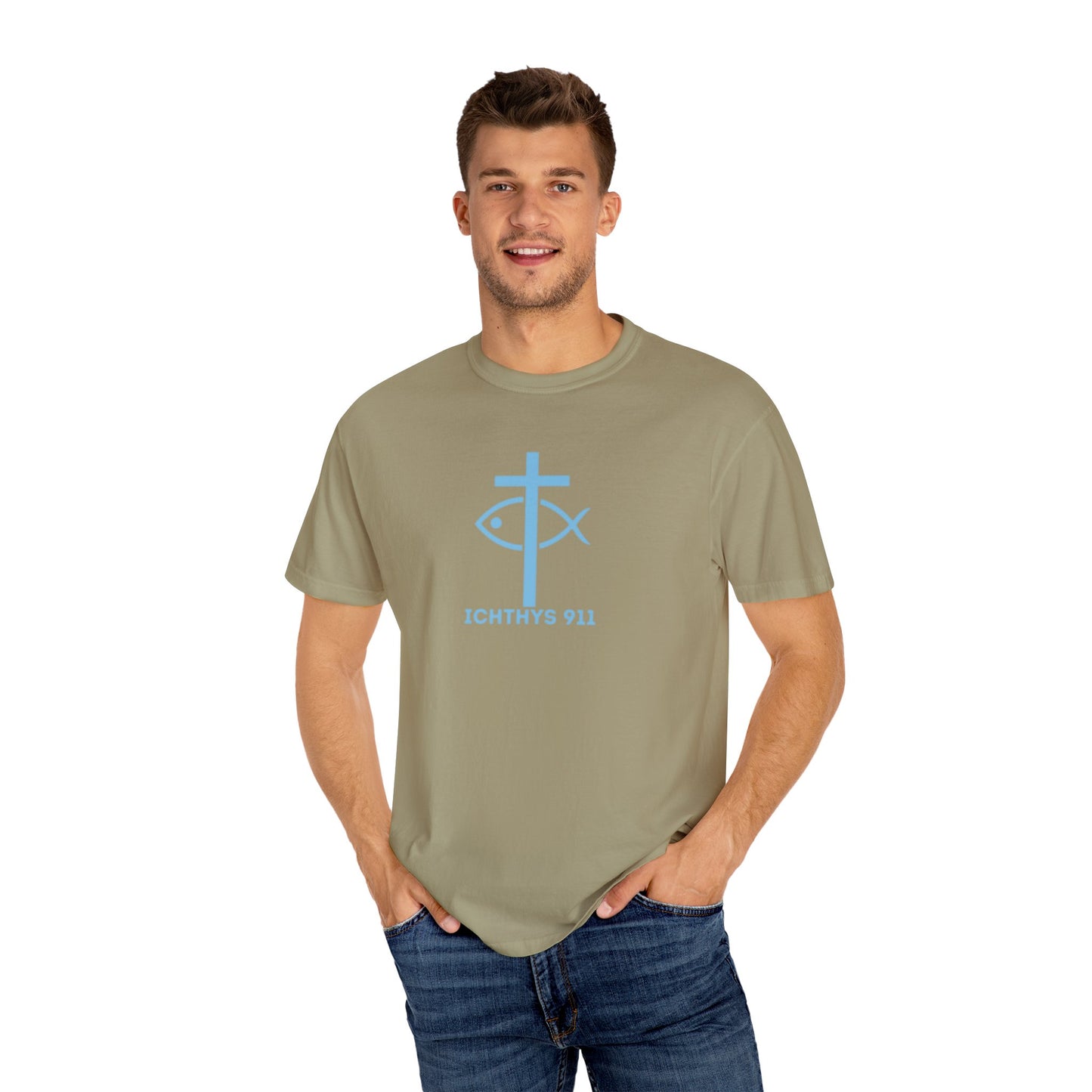 Iēsous Christos, Theou Yios, Sōtēr - Blue Font - Garment-Dyed Unisex T-Shirt - 100# US Cotton -Men T-Shirt - Women T-Shirt - Faith Inspired - Unisex Garment - ICHTHYS 911 - Blue Font - Heavy Duty Shirt