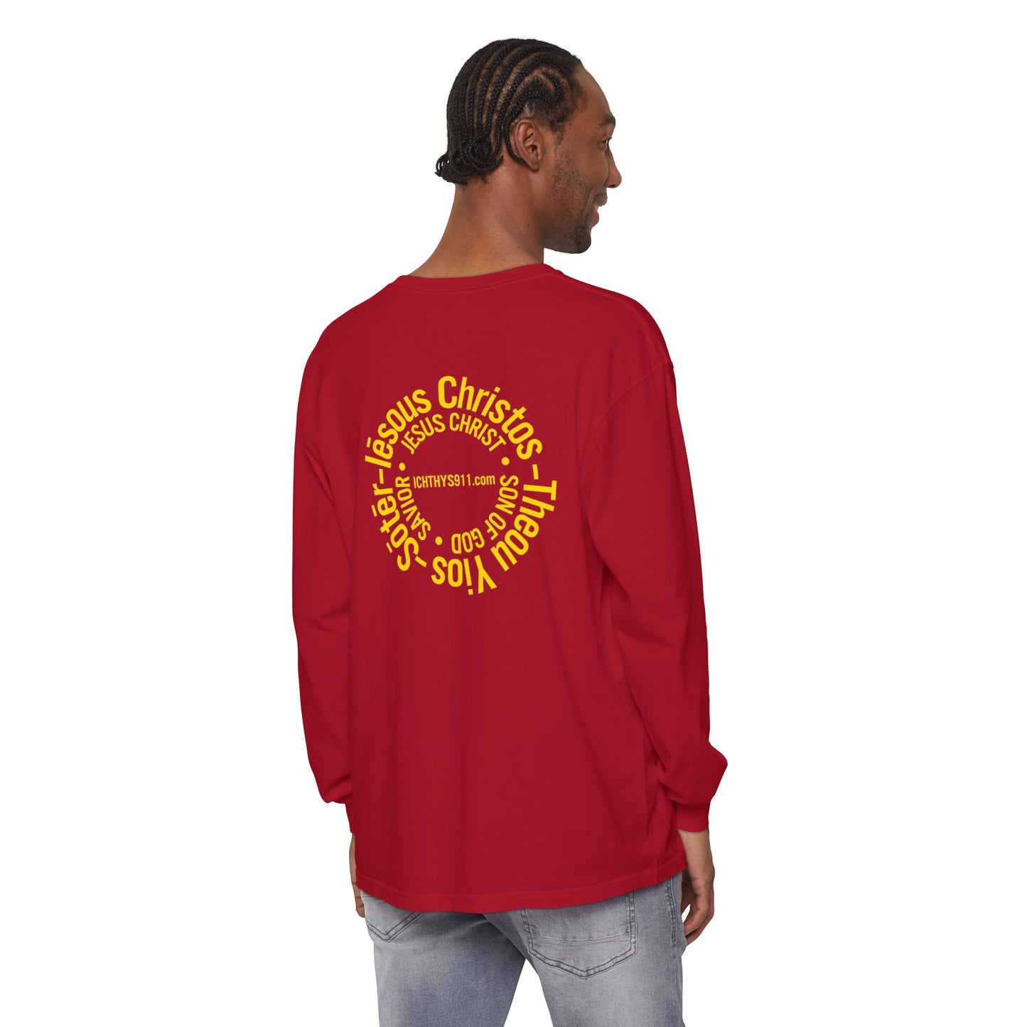 Authentic ICHTHYS 911 Collection -  Gold Font - Unisex Garment Dyed Long Sleeve T-Shirt - Men Long Sleeve - Women Long Sleeve - Christian Faith Symbol Tee - Faith Inspired